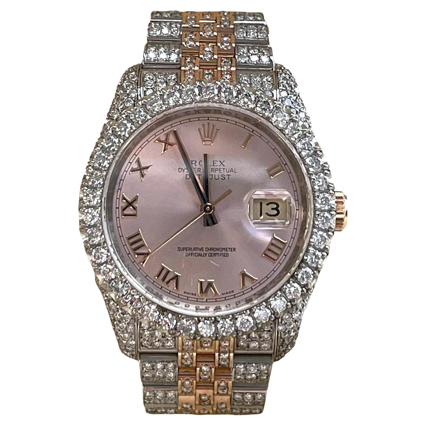 Rolex Datejust 36mm Rose Gold Dial Diamond Bezel Iced Out Jubilee Watch 116233