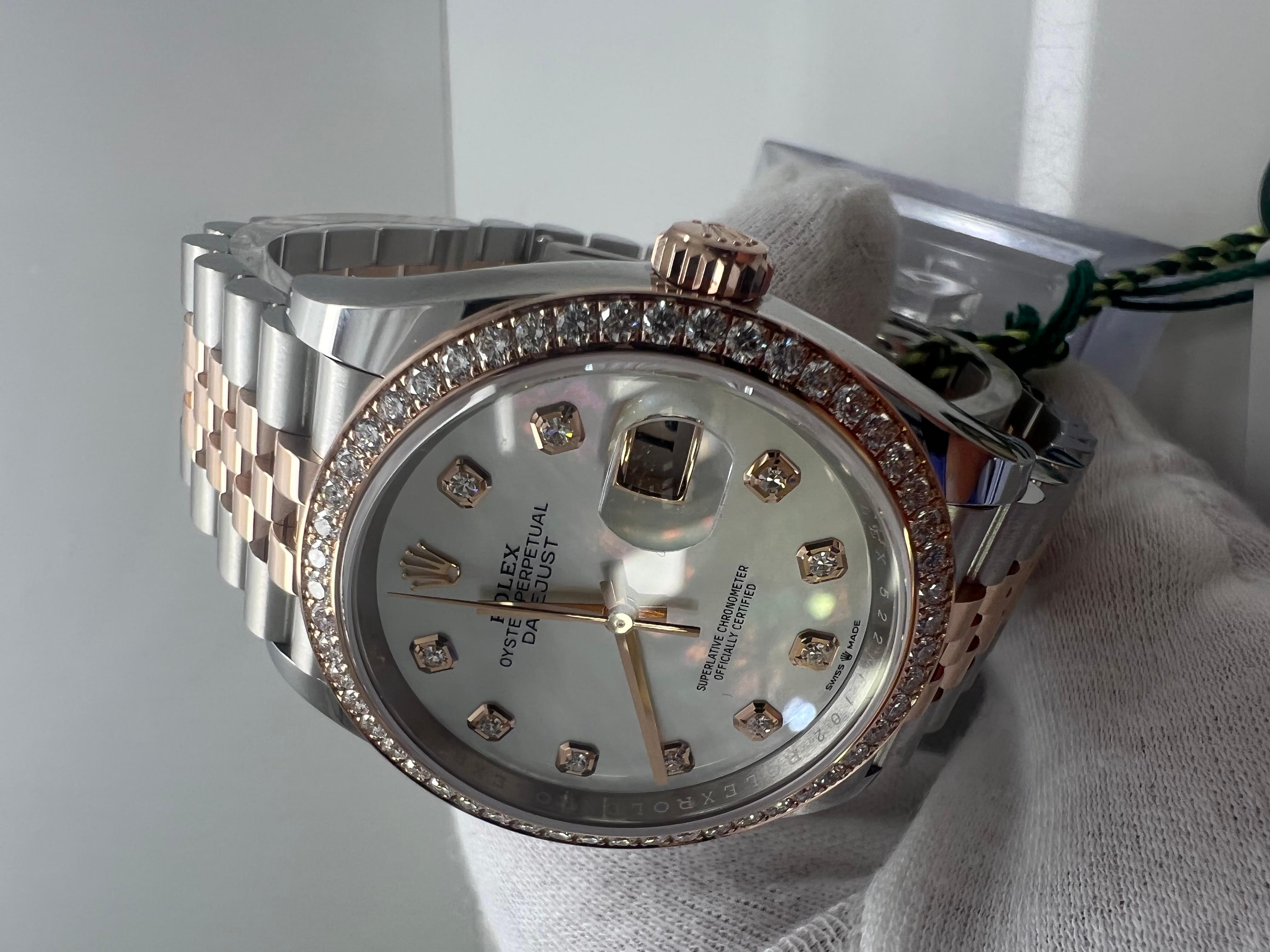 Rolex Datejust 36mm Rose gold/steel White Mother of Pearl Diamond Dial Watch

Brand new 2022

includes original Rolex Box and Paperwork

All original Rolex Parts

5 year Rolex warranty

shop with confidence 

Evita Diamonds
Since 1992