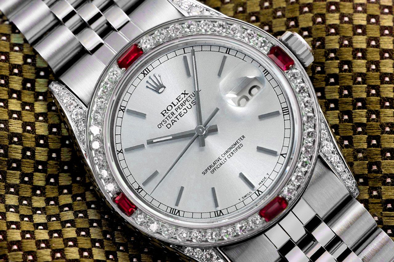 Round Cut Rolex Datejust Silver Dial Diamond Lugs Diamond and Ruby Bezel Steel Watch For Sale