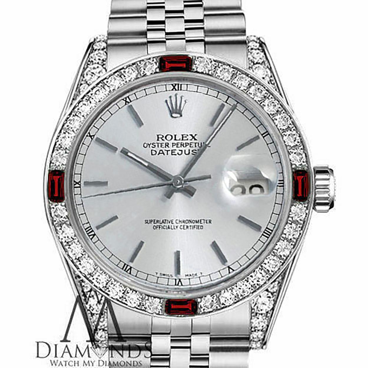 Rolex Datejust Silver Dial Diamond Lugs Diamond and Ruby Bezel Steel Watch In Excellent Condition For Sale In New York, NY