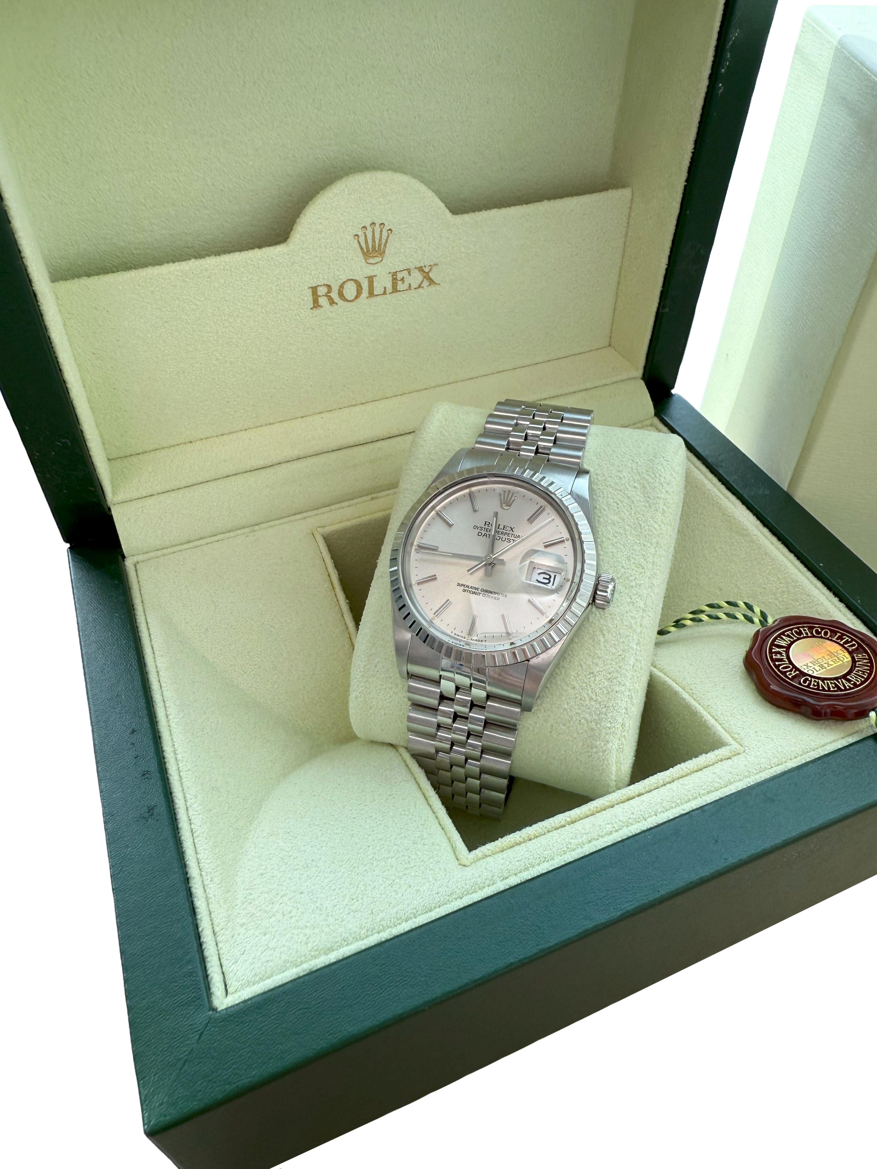 Rolex Datejust 36mm Silber Zifferblatt Vintage Stahl Motor gedreht Lünette Uhr 16030 im Angebot 5