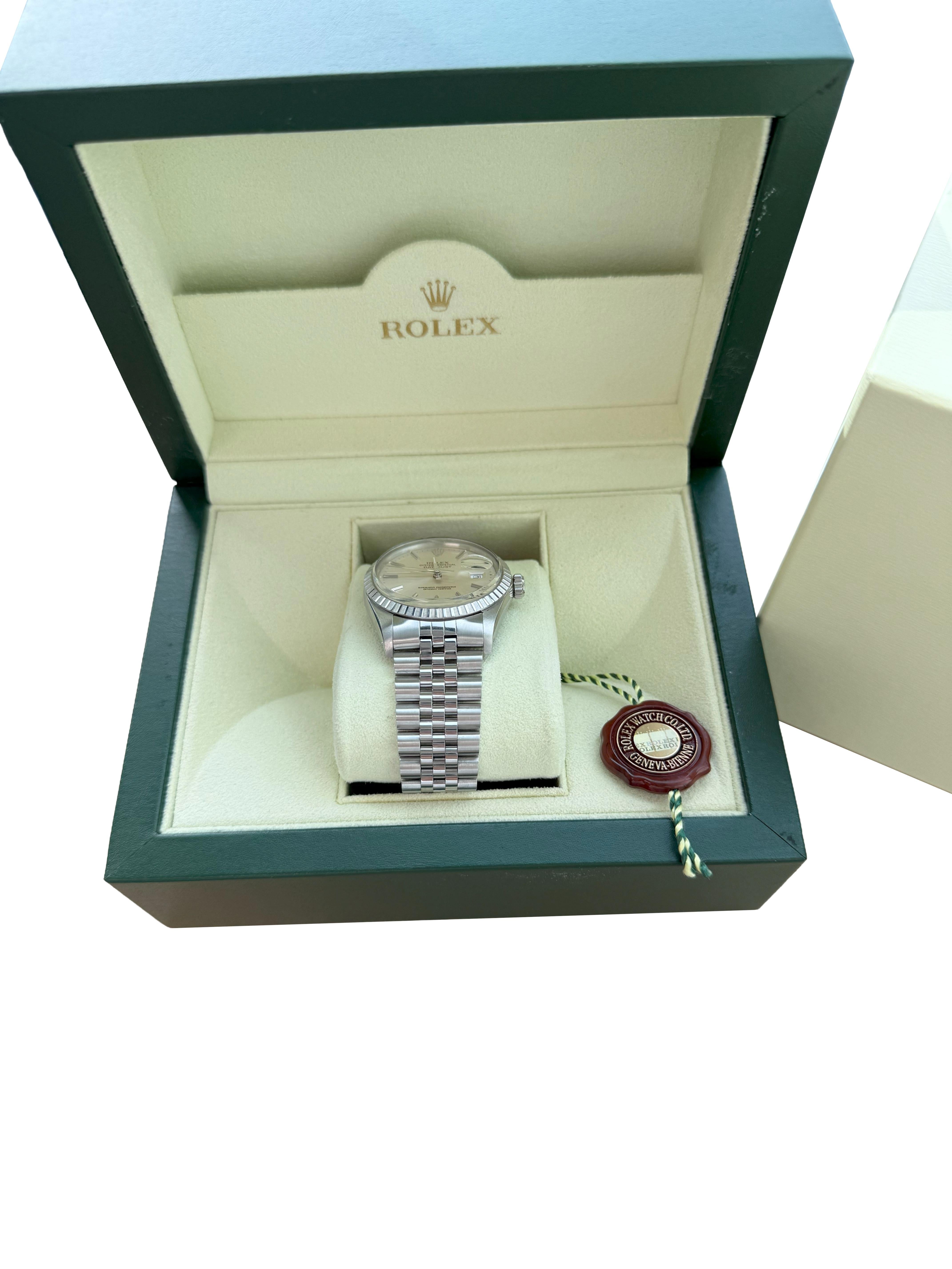 Rolex Datejust 36mm Silber Zifferblatt Vintage Stahl Motor gedreht Lünette Uhr 16030 im Angebot 6