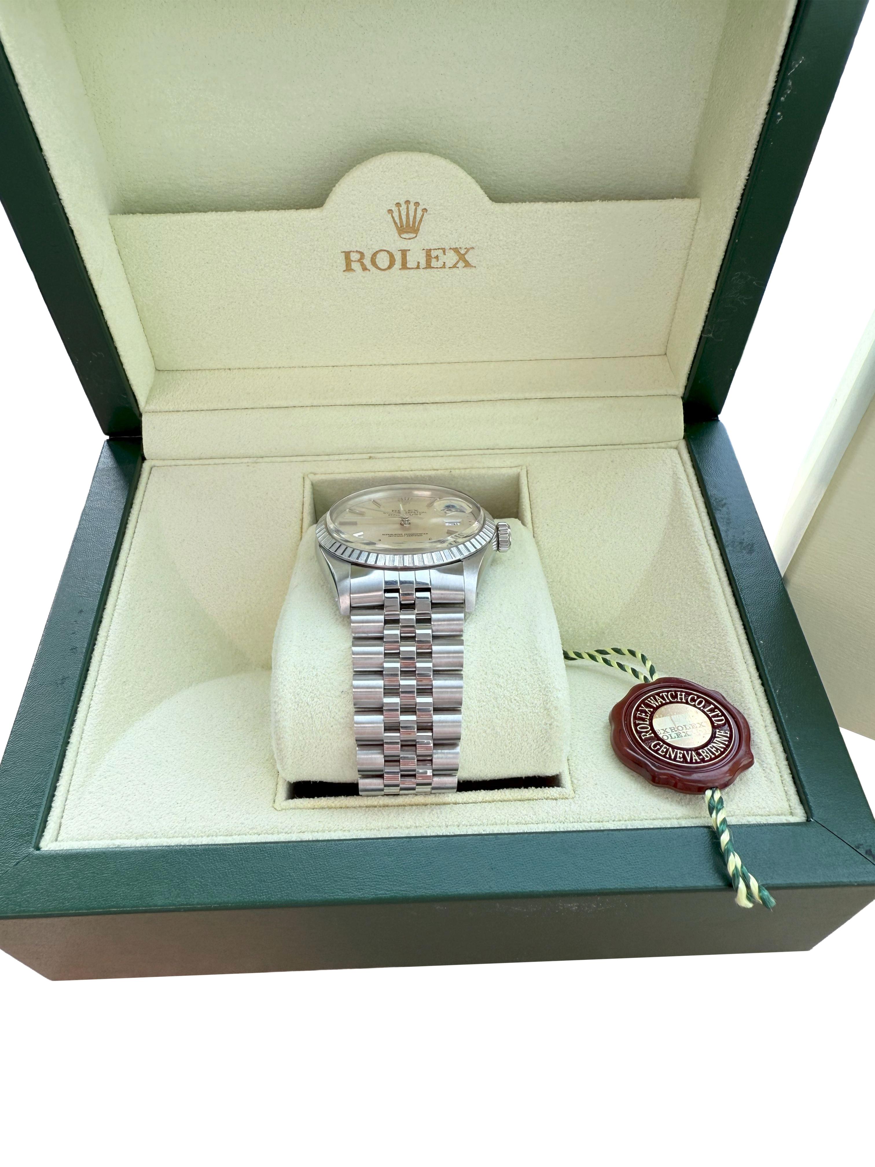 Rolex Datejust 36mm Silber Zifferblatt Vintage Stahl Motor gedreht Lünette Uhr 16030 im Angebot 7