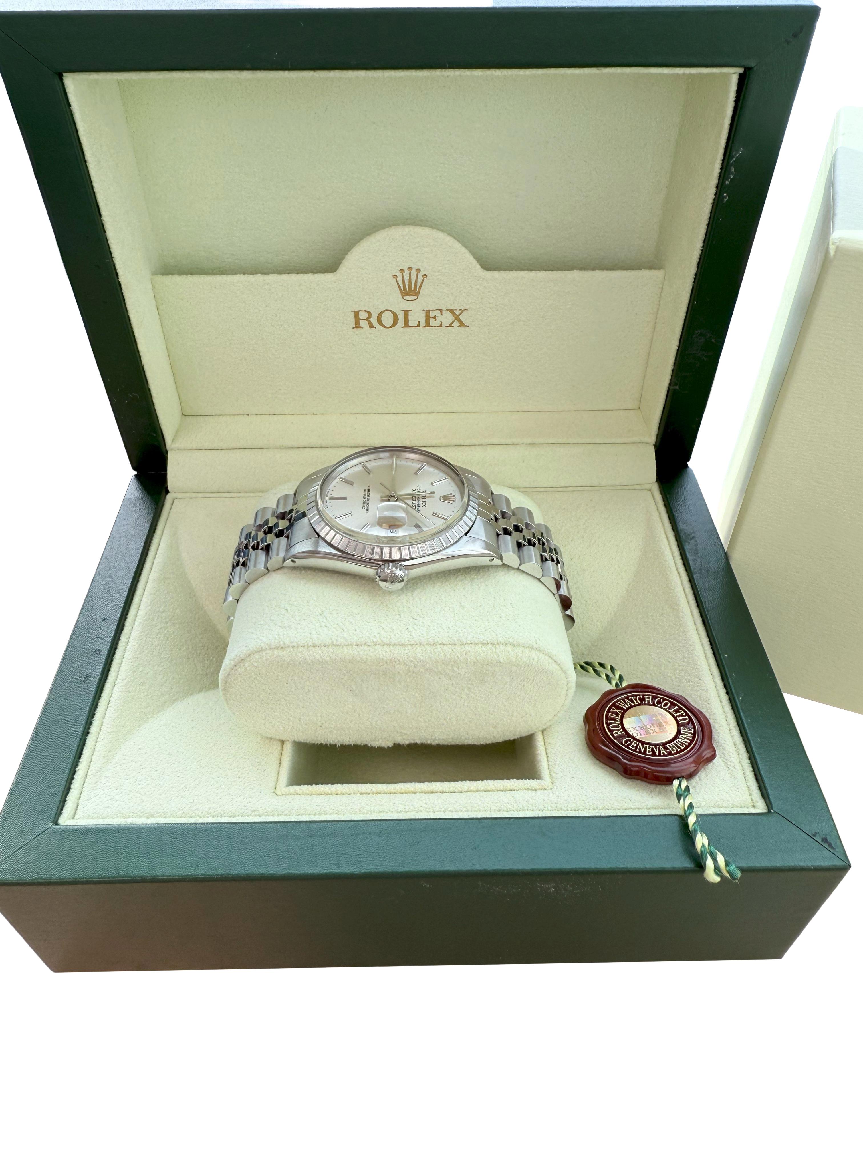 Rolex Datejust 36mm Silber Zifferblatt Vintage Stahl Motor gedreht Lünette Uhr 16030 im Angebot 8