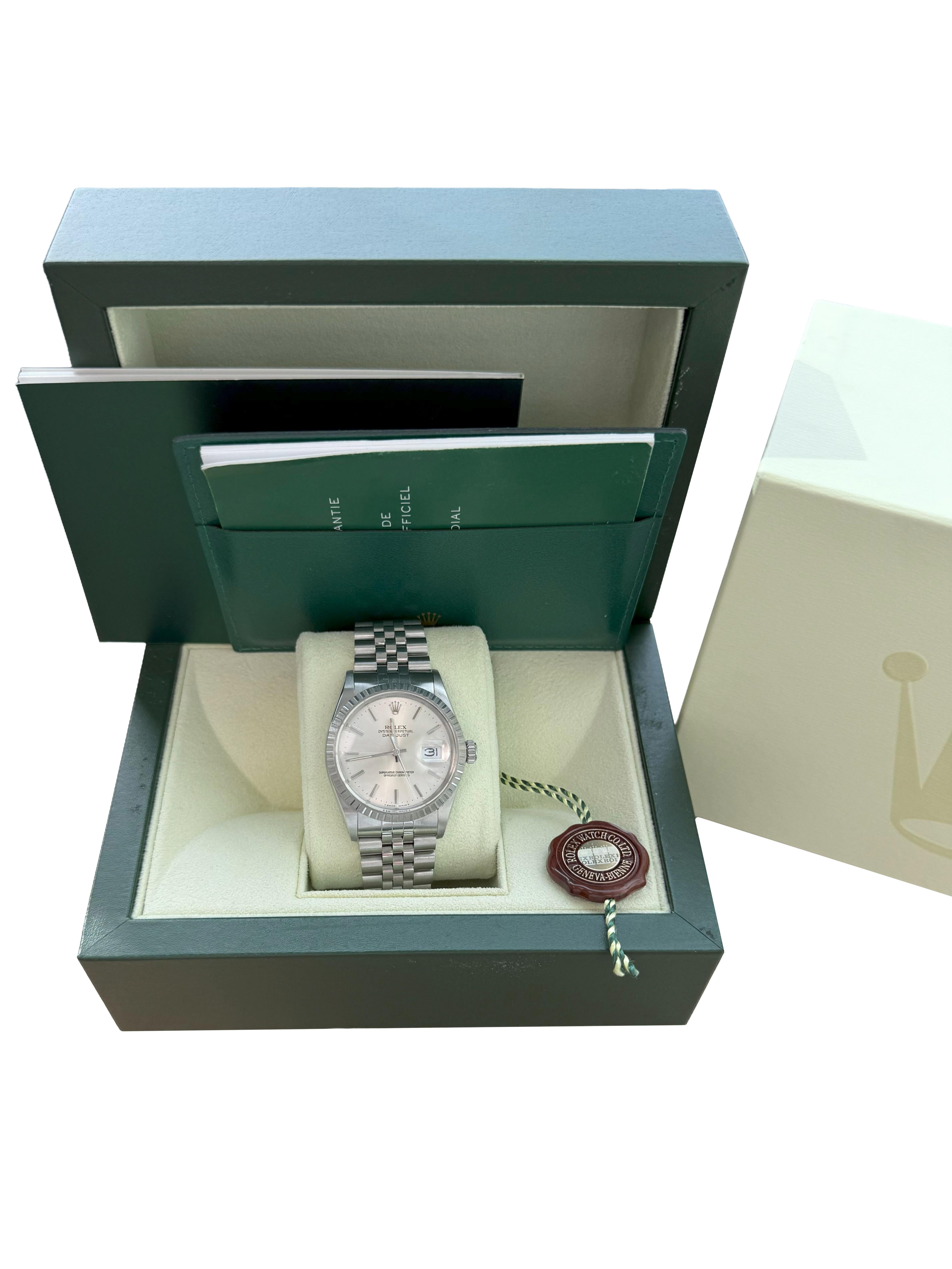 Rolex Datejust 36mm Silber Zifferblatt Vintage Stahl Motor gedreht Lünette Uhr 16030 im Zustand „Gut“ im Angebot in Aventura, FL
