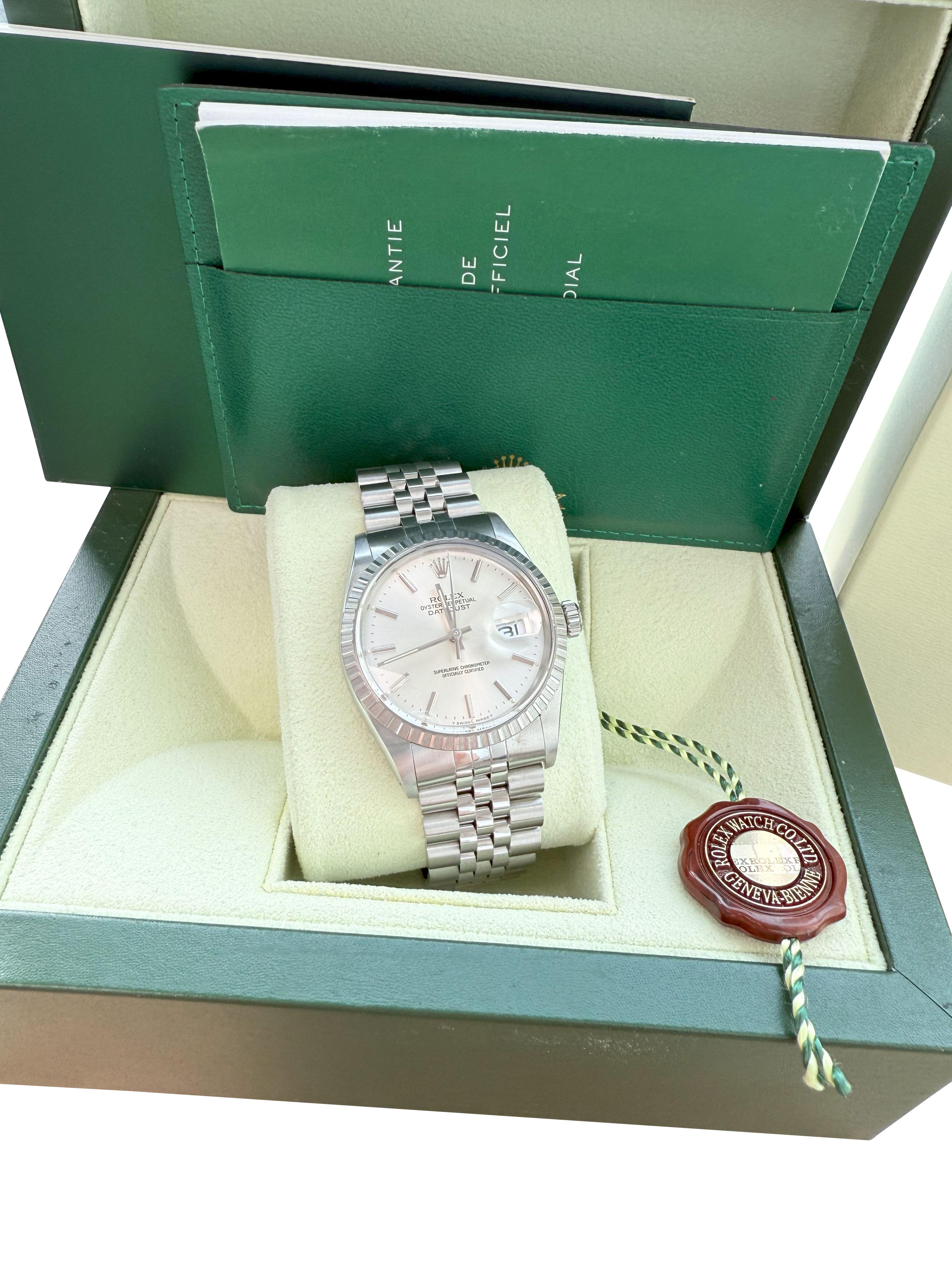 Rolex Datejust 36mm Silber Zifferblatt Vintage Stahl Motor gedreht Lünette Uhr 16030 im Angebot 2