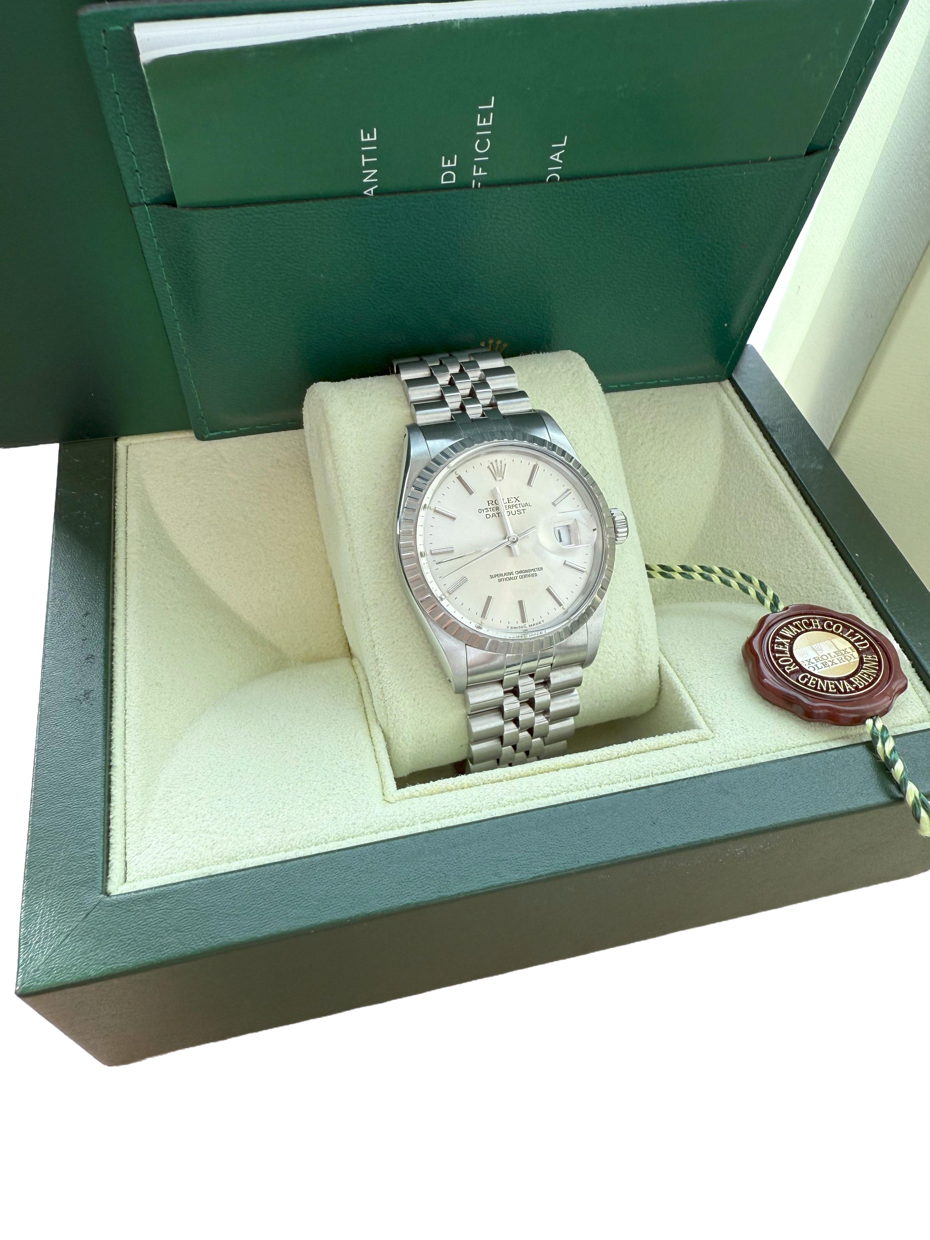 Rolex Datejust 36mm Silber Zifferblatt Vintage Stahl Motor gedreht Lünette Uhr 16030 im Angebot 3