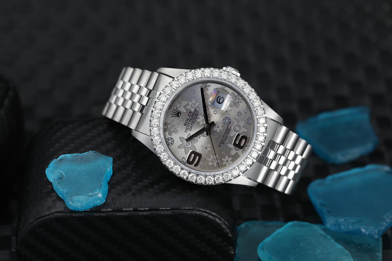 Rolex Datejust 36mm Esfera Floral Plateada Bisel Diamantado Acero Inoxidable Brazalete Jubilee 16014