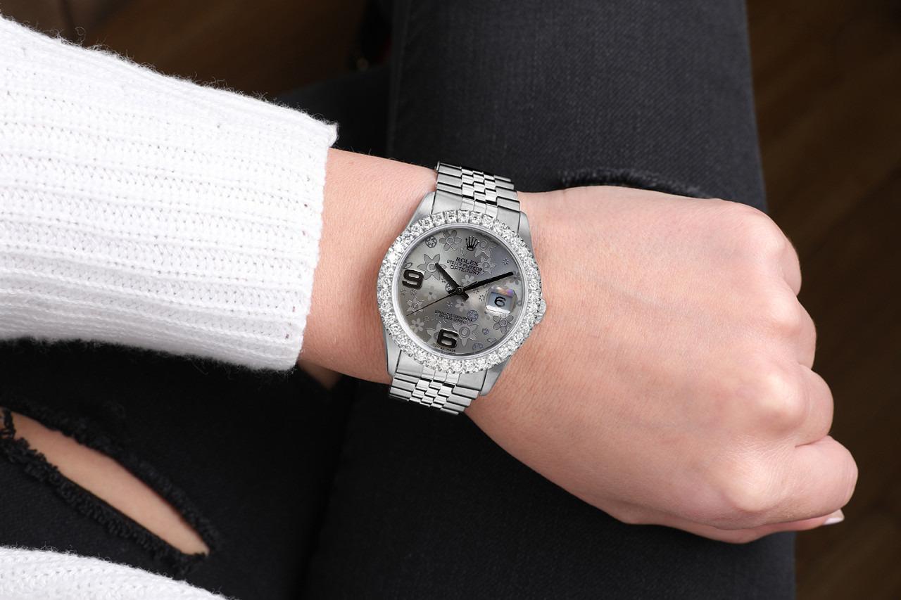 Rolex Datejust 36mm Esfera Floral Plata Bisel Diamante Acero Inoxidable Jubilee en Excelente estado para la venta en New York, NY