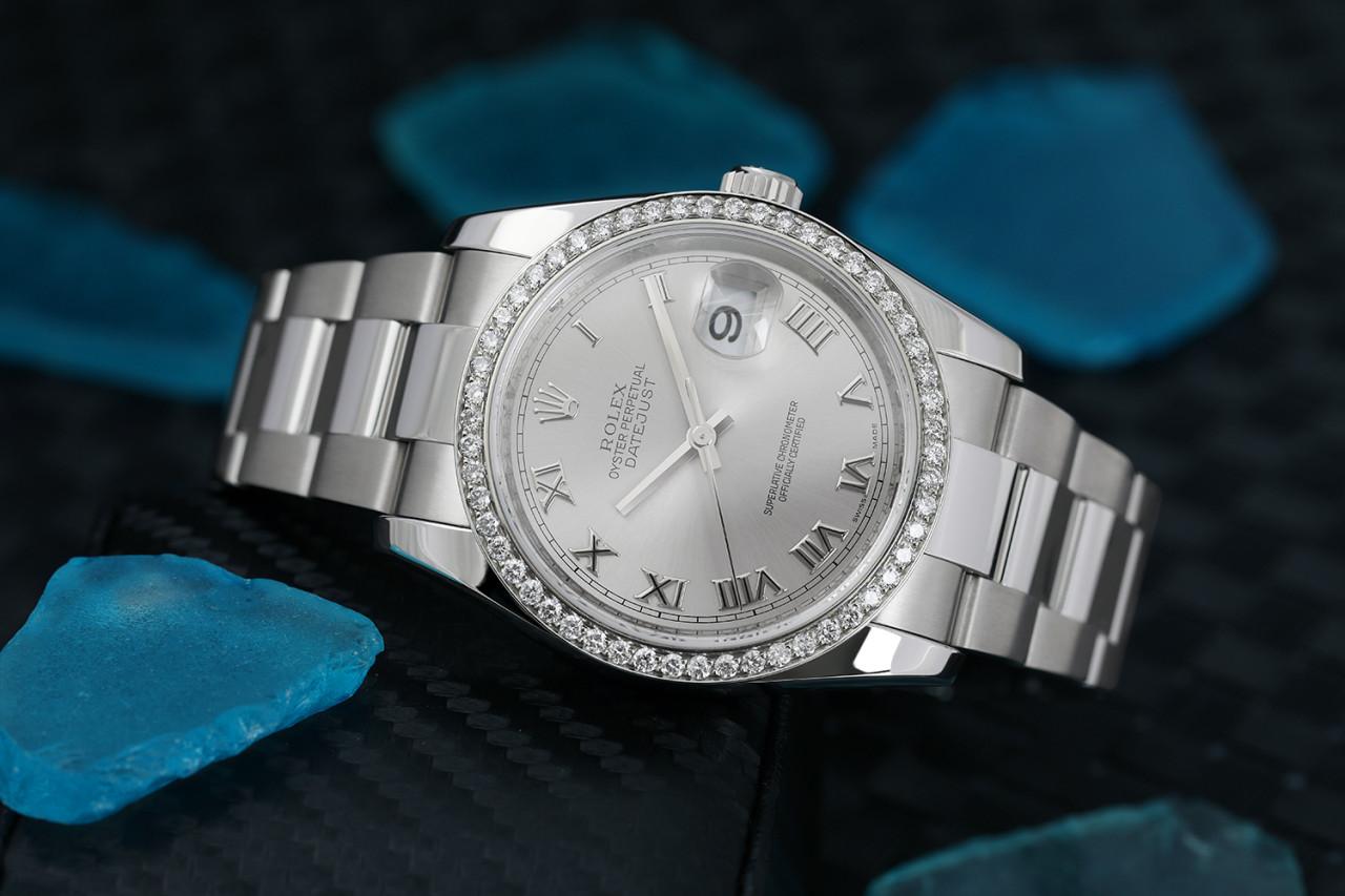 Edelstahl-Uhr Datejust 36 mm Silber römisches Zifferblatt Diamant-Lünette (Rundschliff) im Angebot