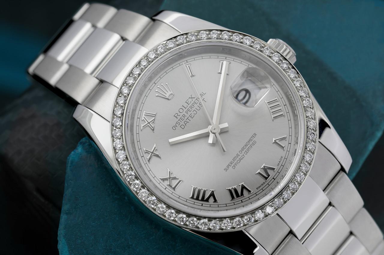 Round Cut Rolex Datejust Silver Roman Dial Diamond Bezel Stainless Steel Watch For Sale