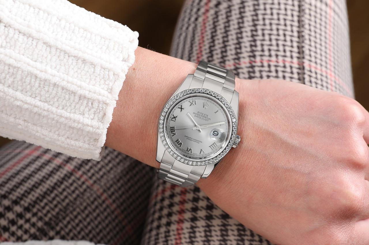 Edelstahl-Uhr Datejust 36 mm Silber römisches Zifferblatt Diamant-Lünette im Angebot 2