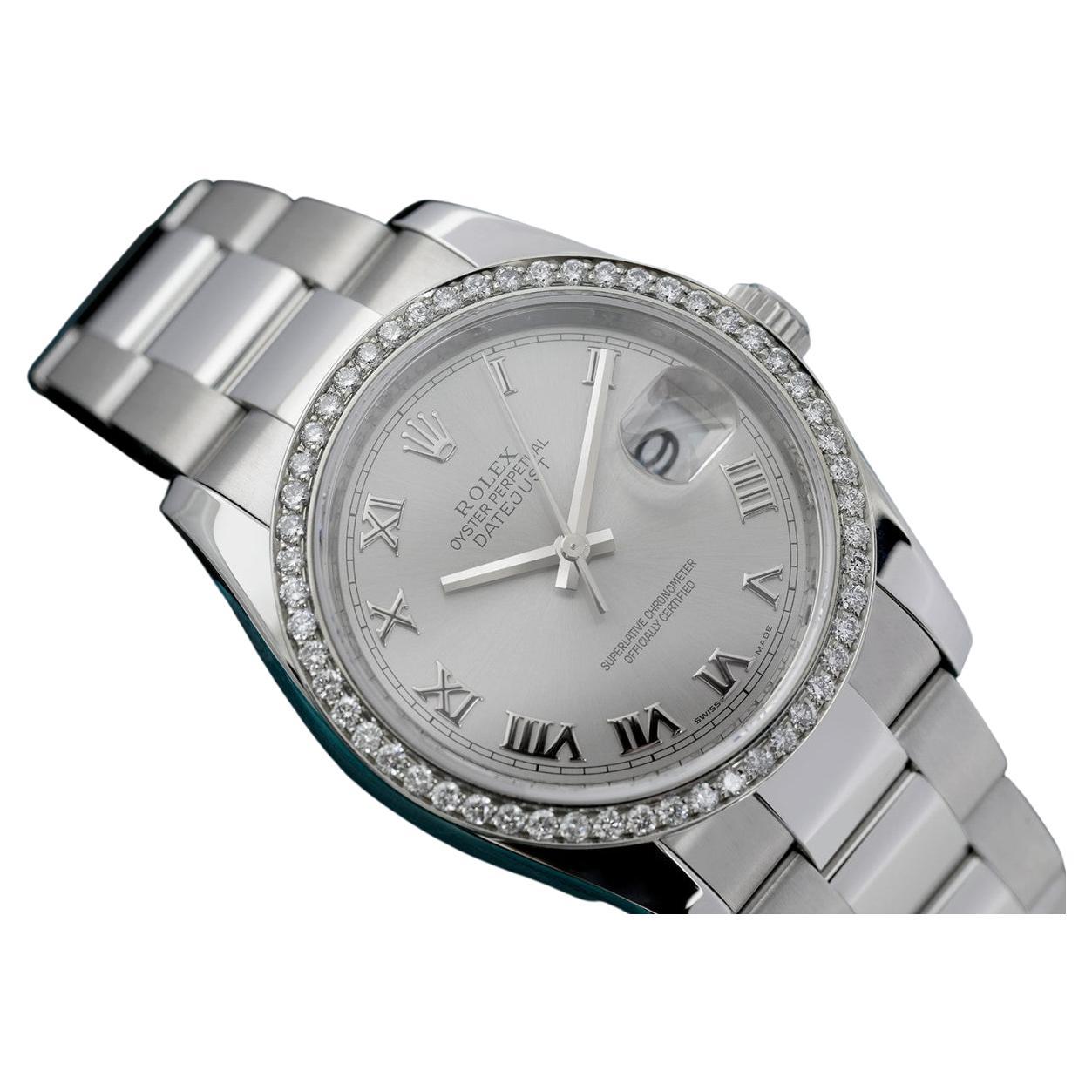 Rolex Datejust Silver Roman Dial Diamond Bezel Stainless Steel Watch