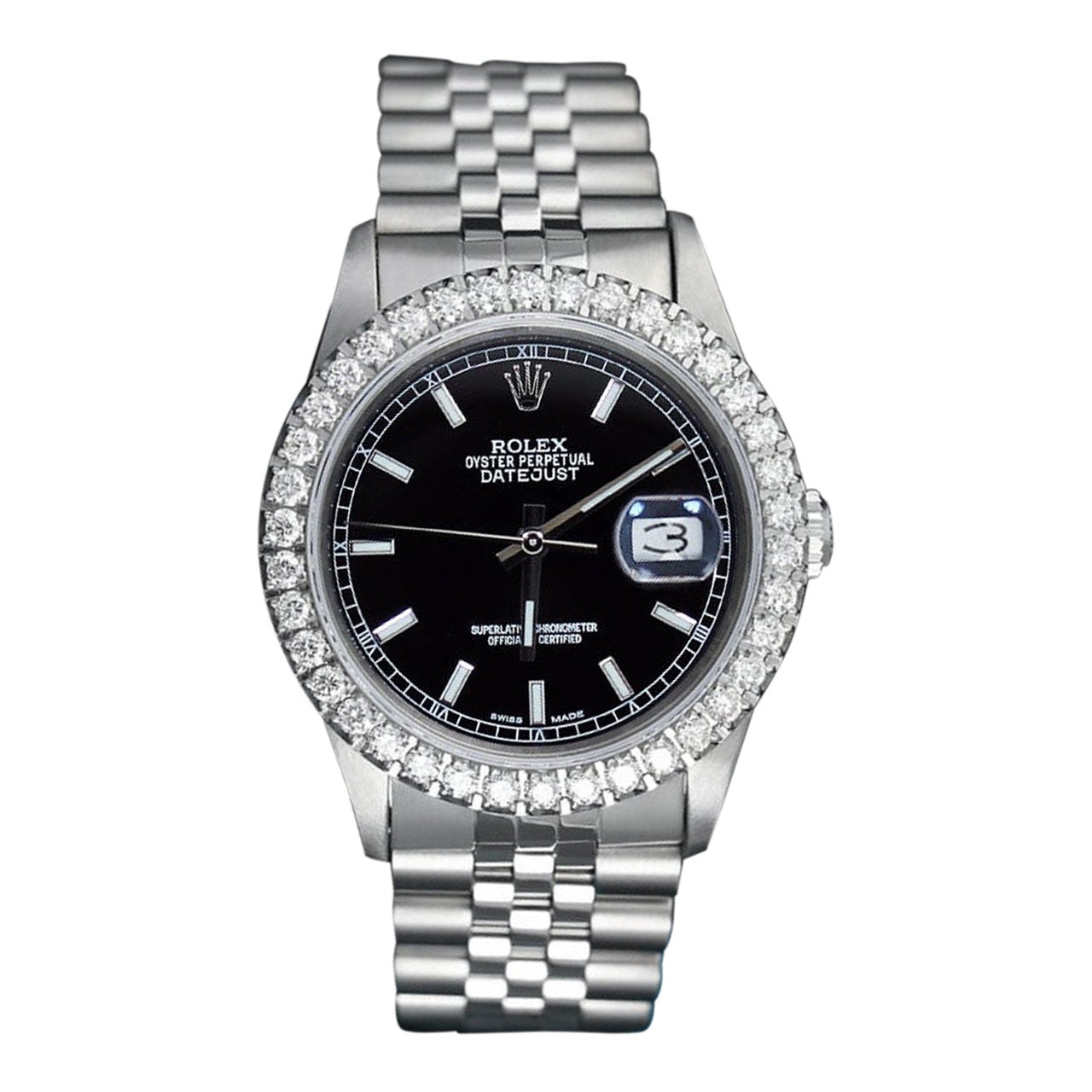 Rolex Datejust 36mm SS Diamant-Lünette Schwarzes Stick-Zifferblatt Jubiläumsarmband 16014
