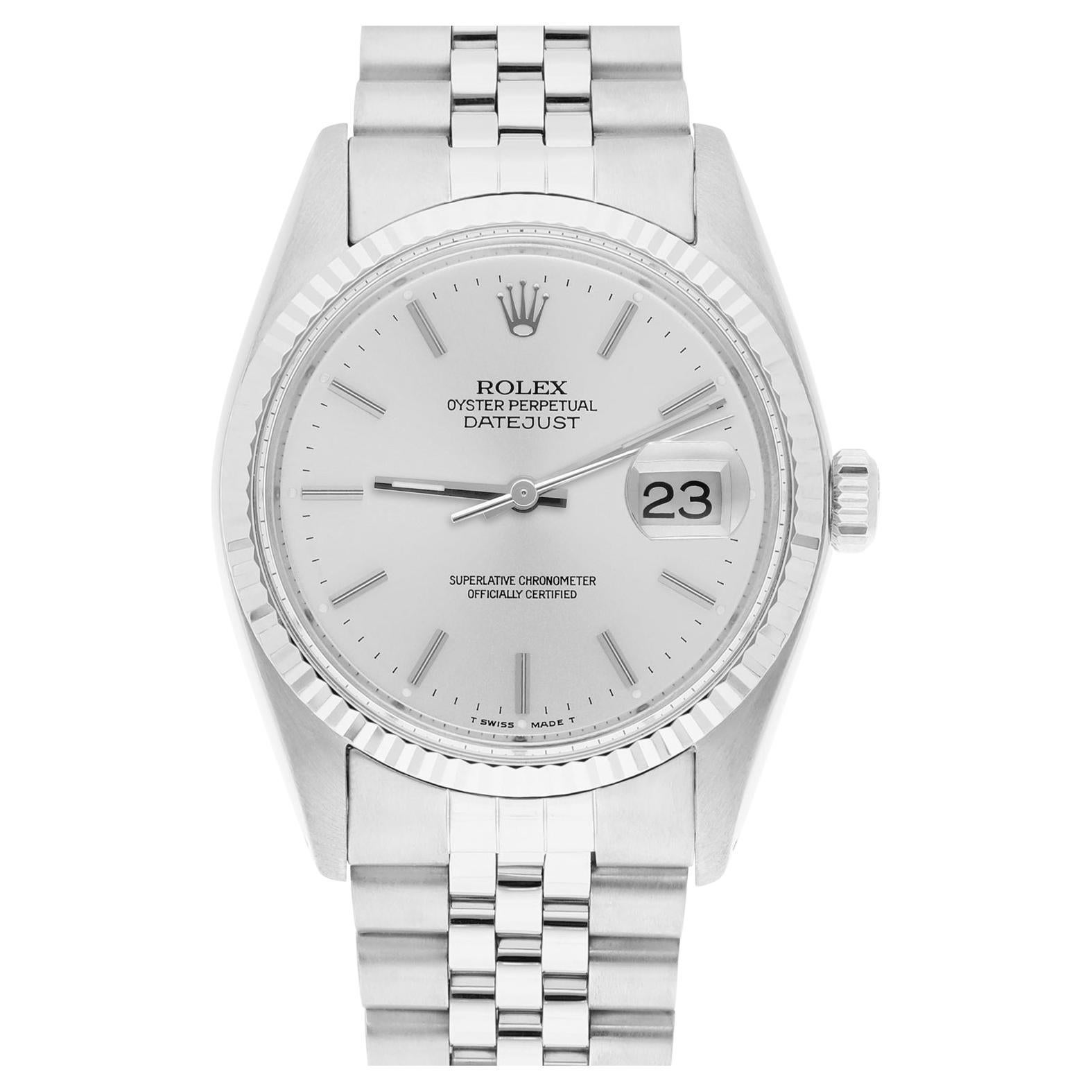 Rolex Datejust 36mm Stainless Steel 16014 Silver Stick Dial, Circa 1987 For Sale