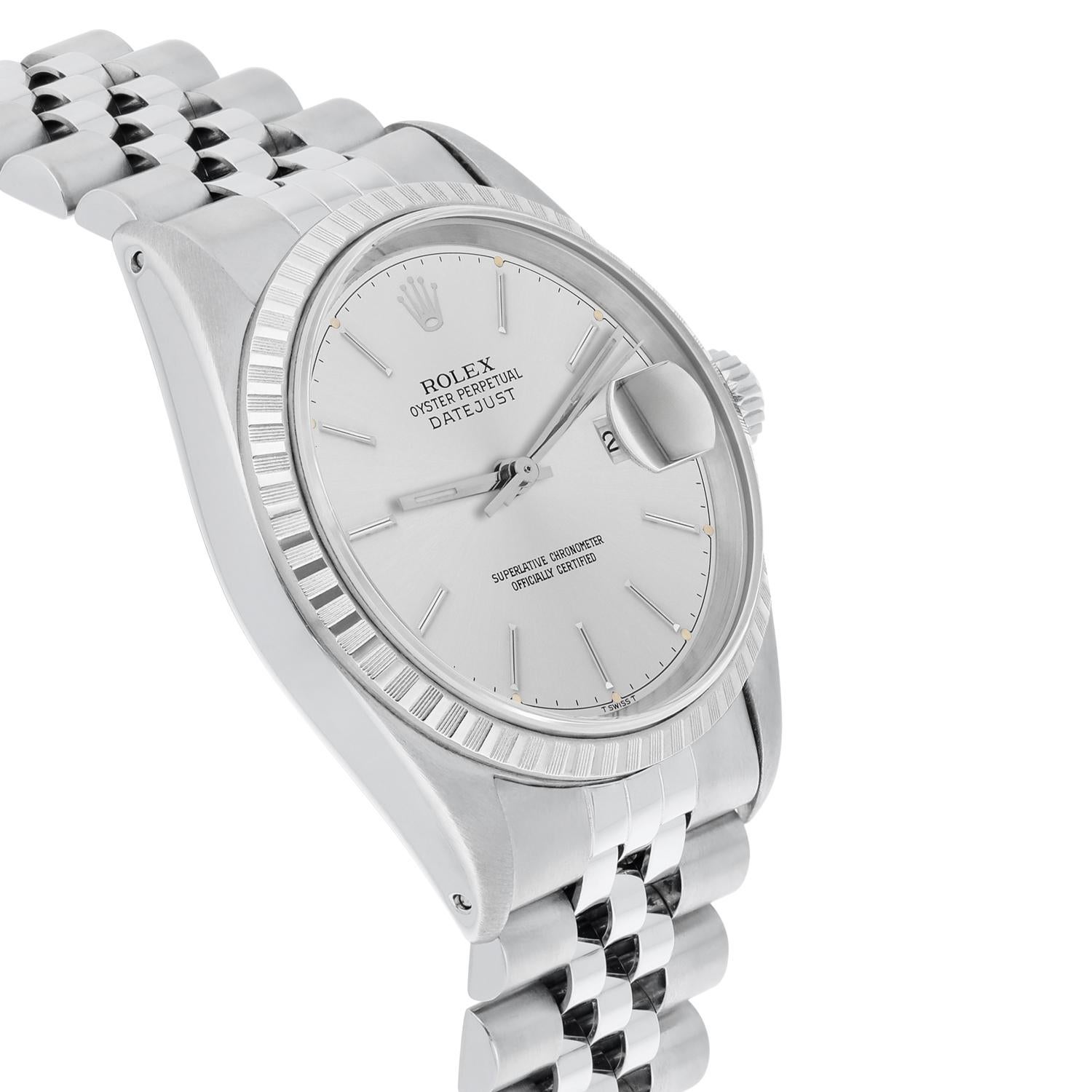 Women's or Men's Rolex Datejust 36mm Stainless Steel 16030 Silver Index Dial, Circa 1982 For Sale