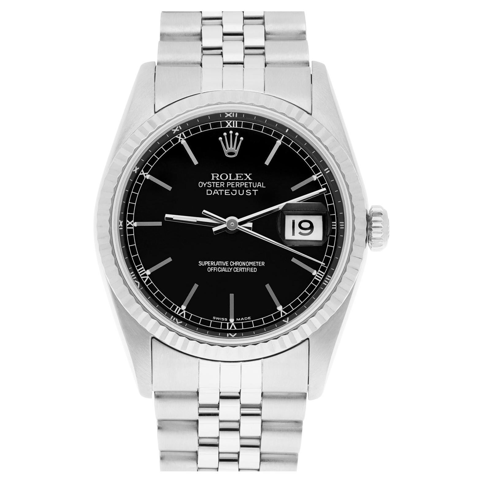 Rolex Datejust 36mm Stainless Steel 16234 Black Index Dial, Jubilee Circa 2000 For Sale