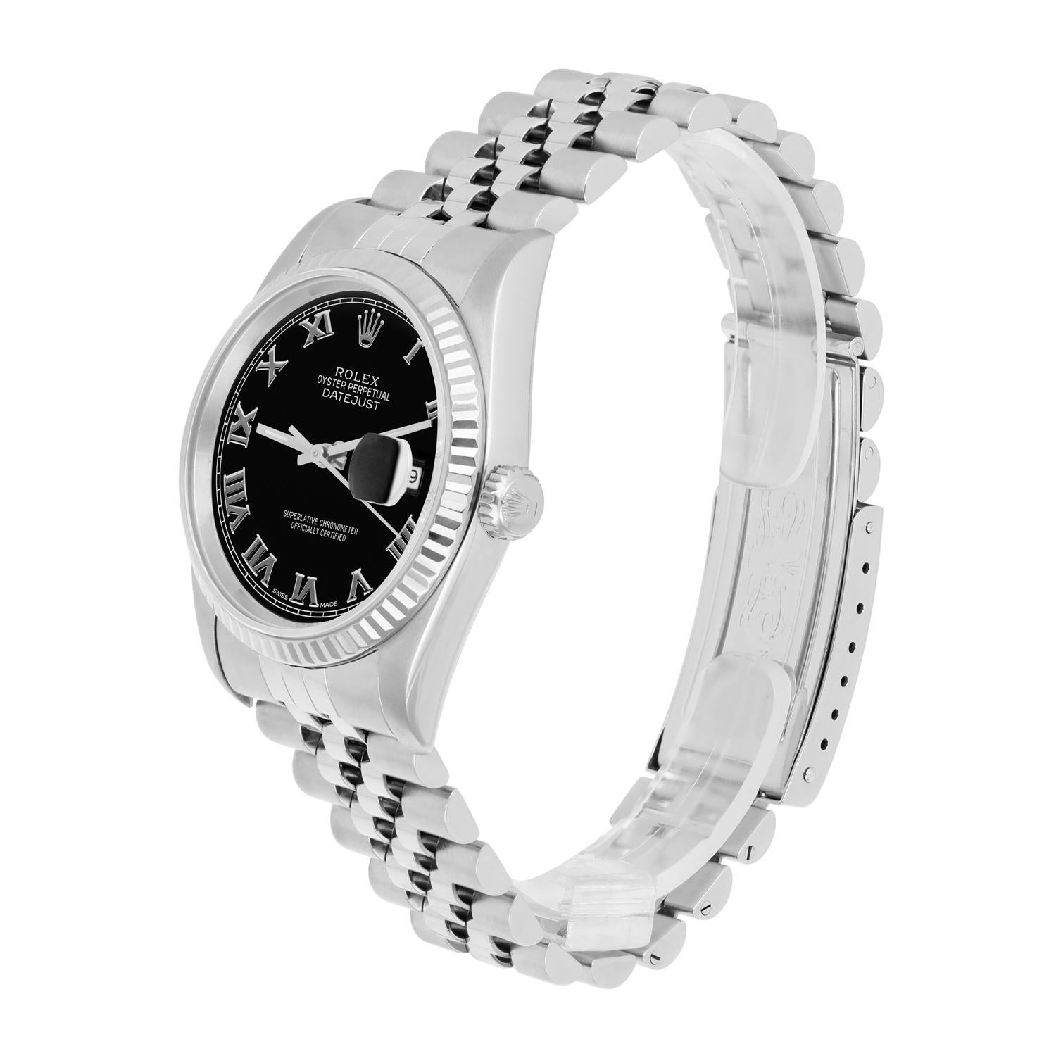 Women's or Men's Rolex Datejust 36mm Stainless Steel 16234 Black Roman Dial, Jubilee Circa 1995 For Sale