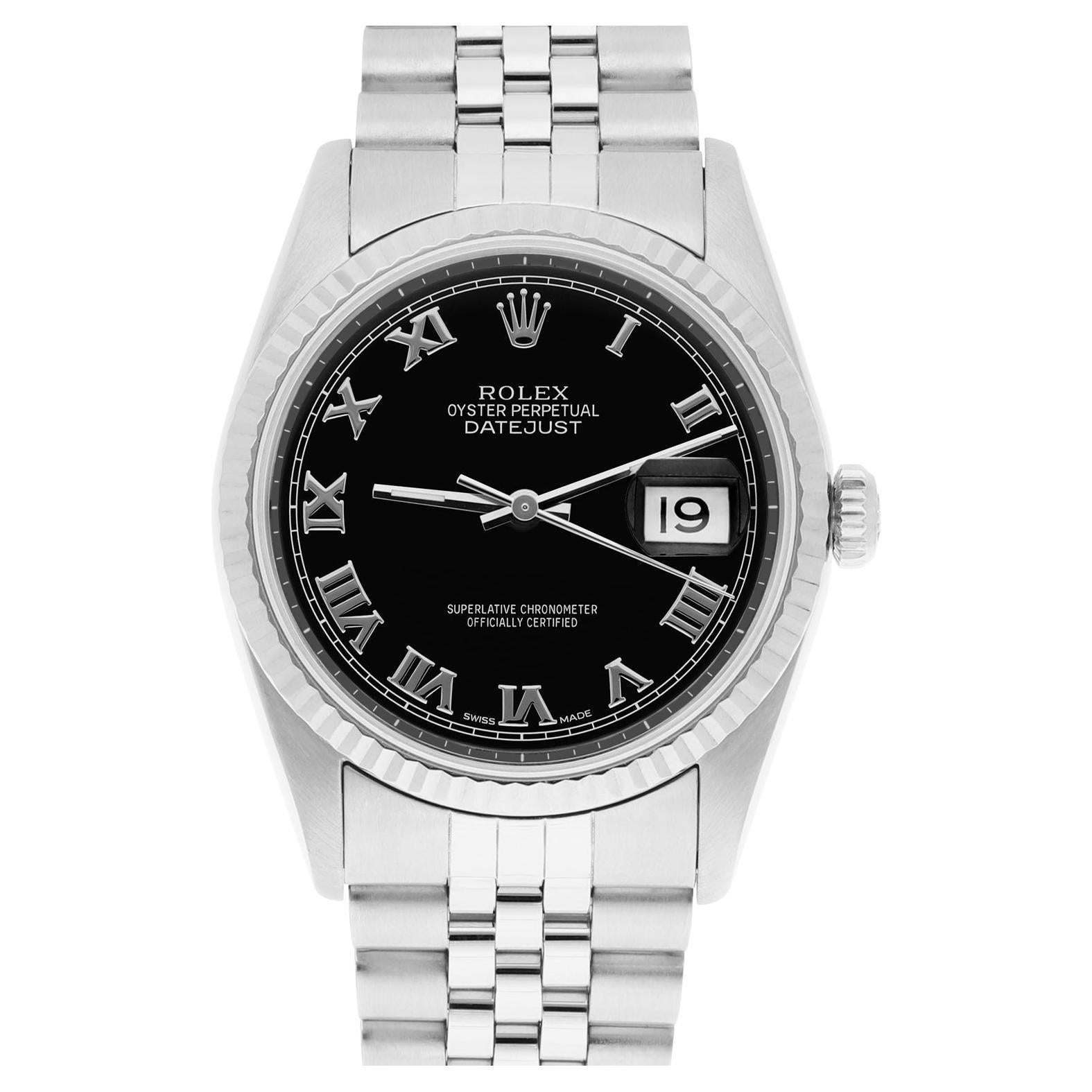 Rolex Datejust 36mm Stainless Steel 16234 Black Roman Dial, Jubilee Circa 1995 For Sale