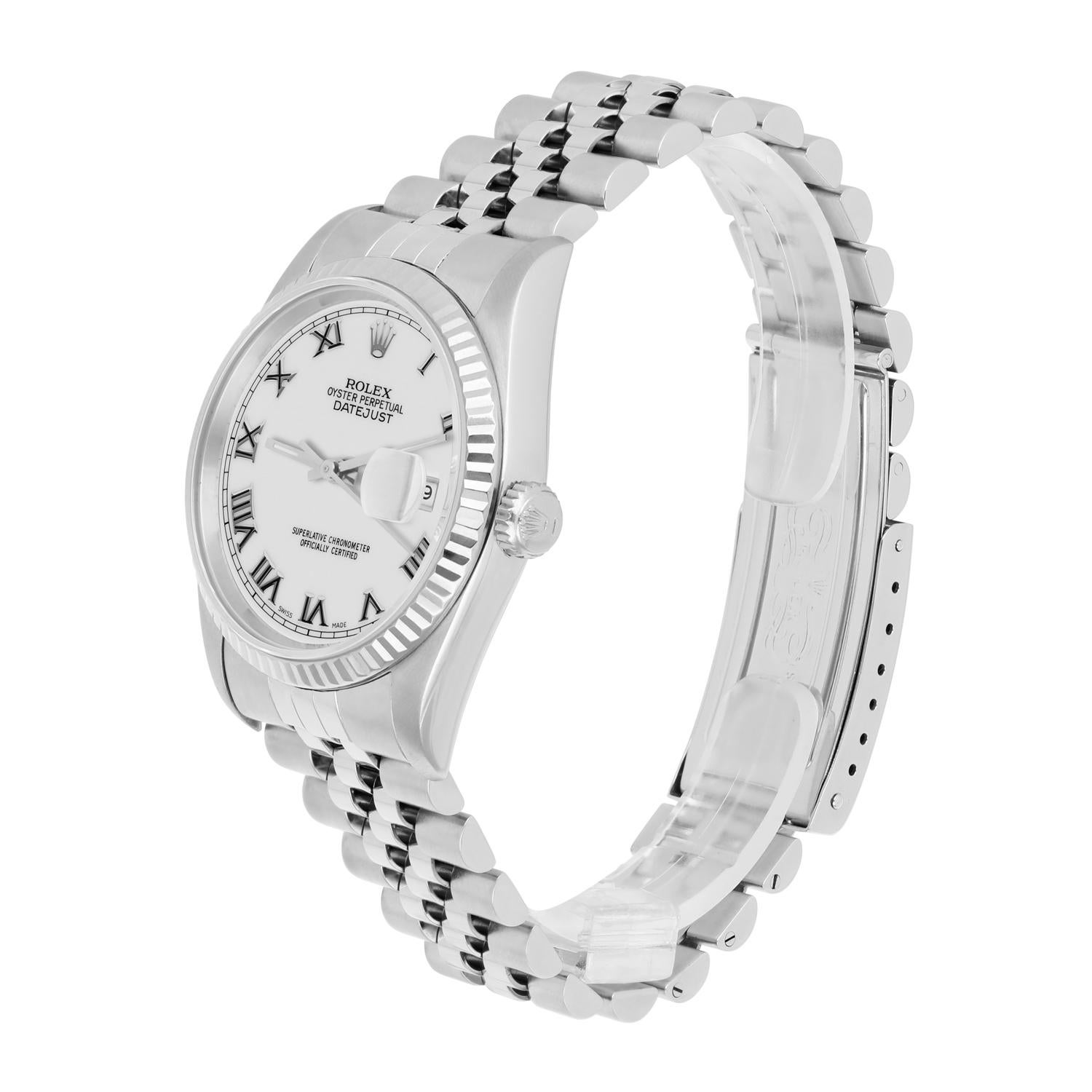 Women's or Men's Rolex Datejust 36mm Stainless Steel 16234 White Roman Dial, Jubilee Circa 1995 For Sale
