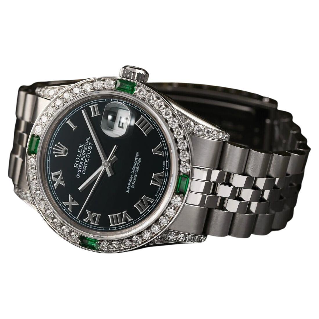 Rolex Datejust Stainless Steel Black Roman Dial w/ Diamond & Emerald Bezel