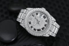 Rolex Datejust Stainless Steel Black Roman Pave Diamond Dial Fully Iced Out