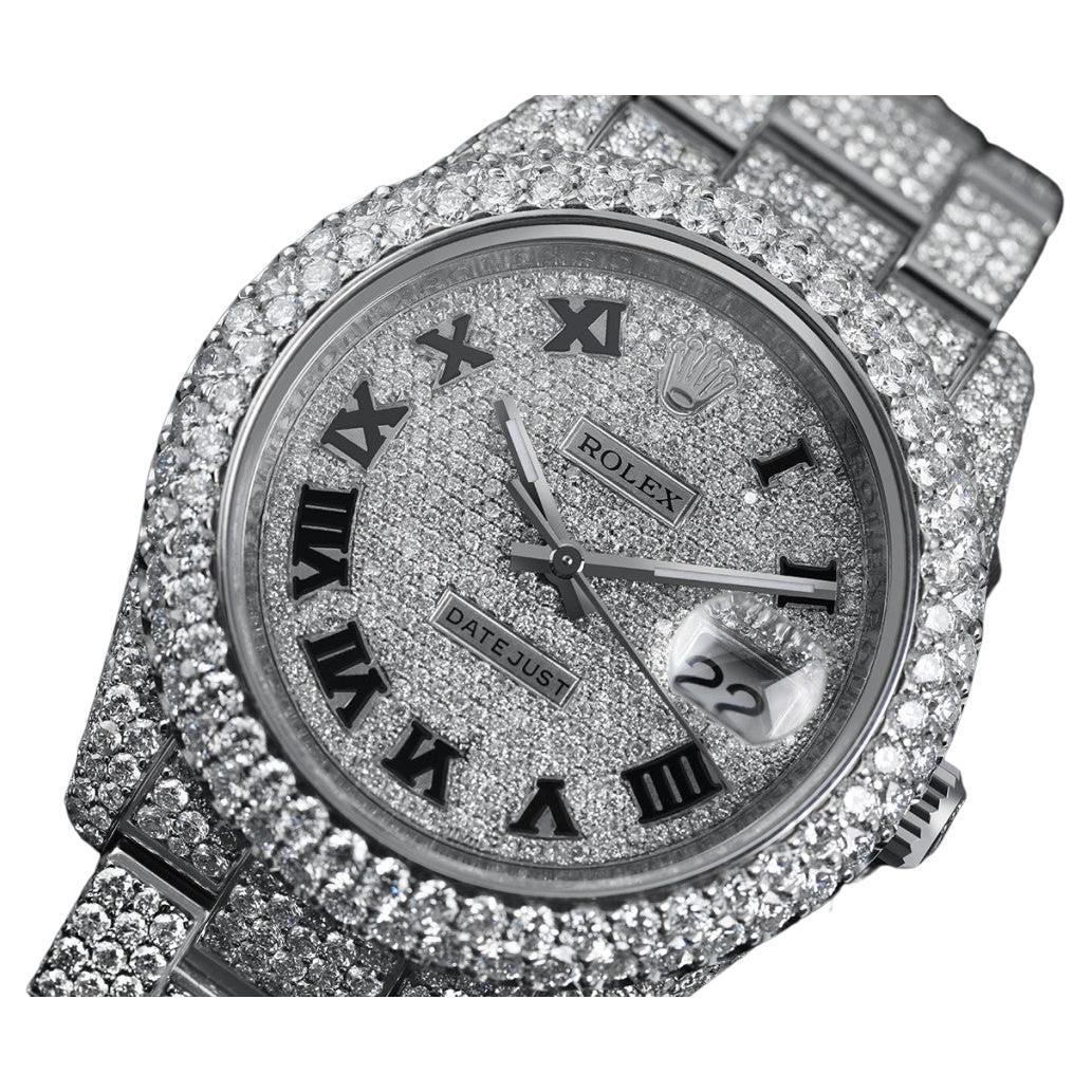 Rolex Datejust Stainless Steel Black Roman Pave Diamond Dial Fully Iced Out For Sale