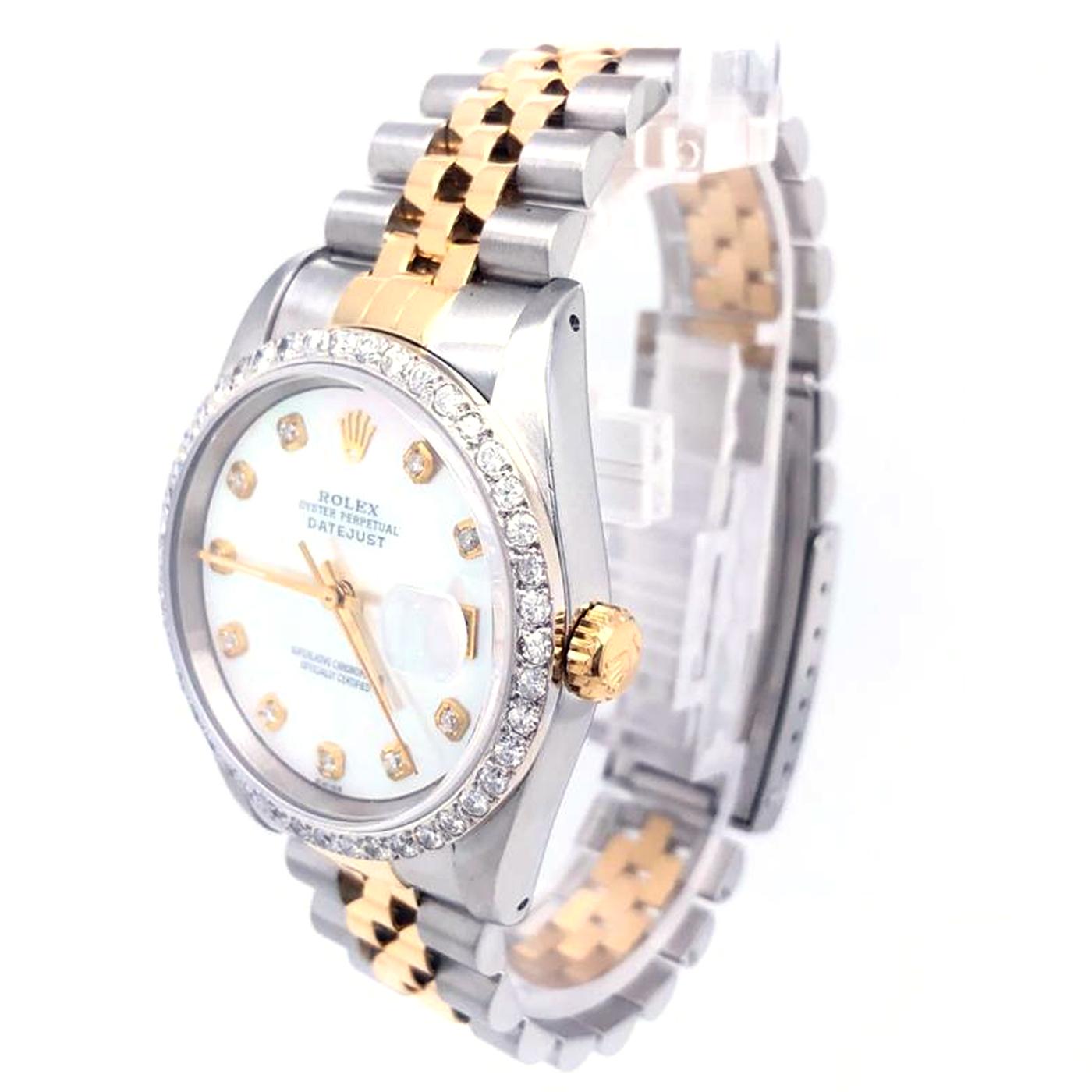 Brand: Rolex 
Model Name: Datejust
Reference Number: 16233
Bezel: Original Rolex
Case Diameter: 36 Mm Case 
Collection: Oyster Perpetual
Crystal: Sapphire
Movement: Automatic
Dial: Custom mother of pearl diamond dial  
Buckle Material: Stainless