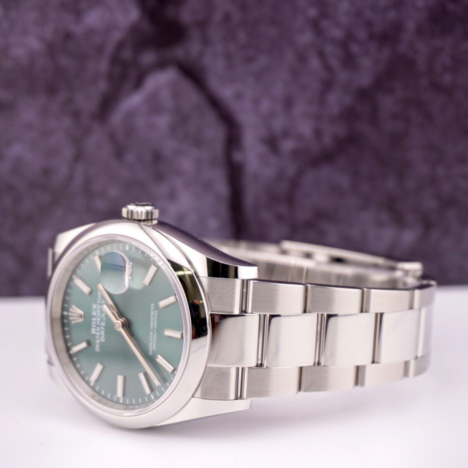 Women's or Men's Rolex Datejust 36mm Stainless Steel Green Dial Smooth Oyster Watch Ref: 126200 For Sale