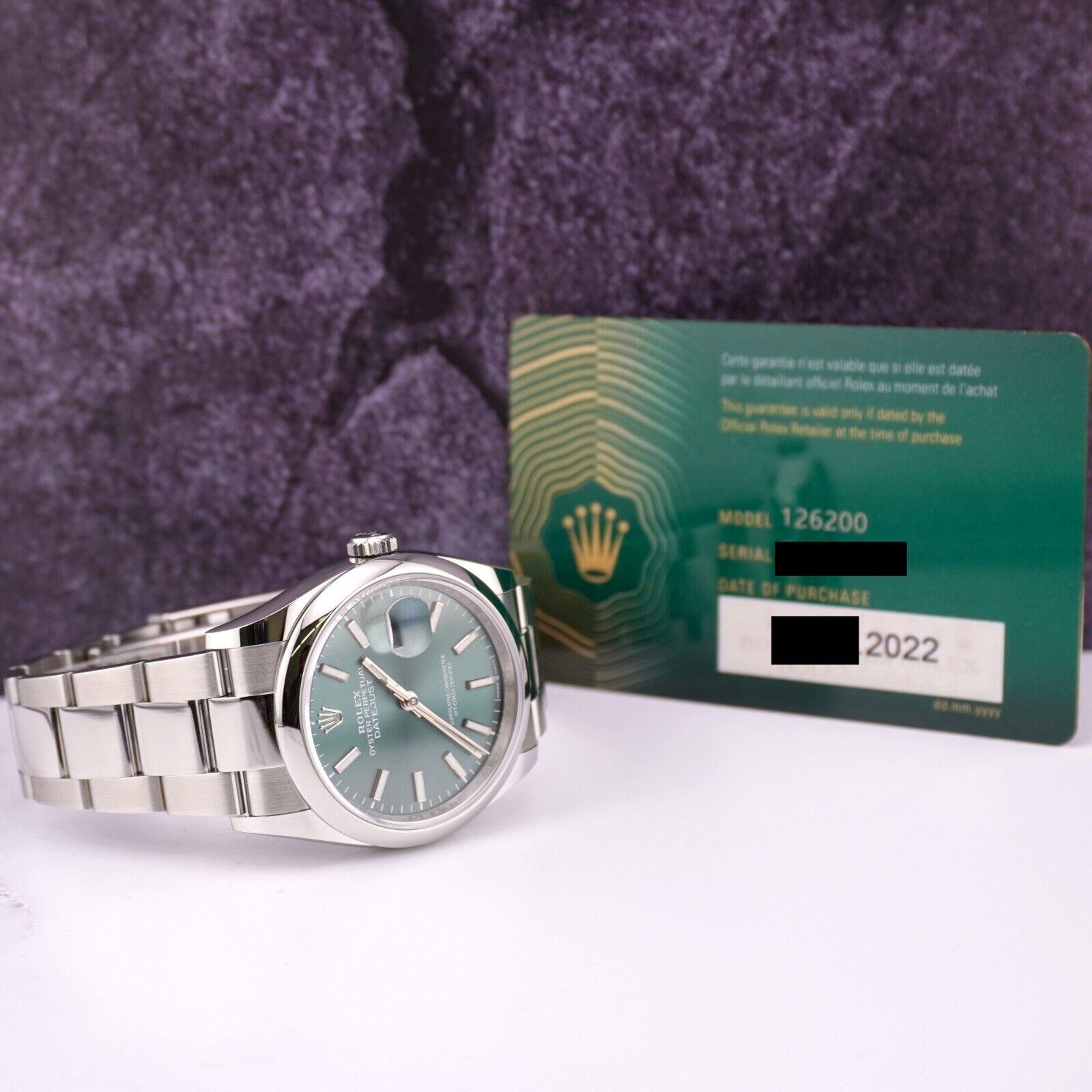 Rolex Datejust 36mm Edelstahl Grünes Zifferblatt Rauch Oyster-Uhr Ref: 126200 im Angebot 4