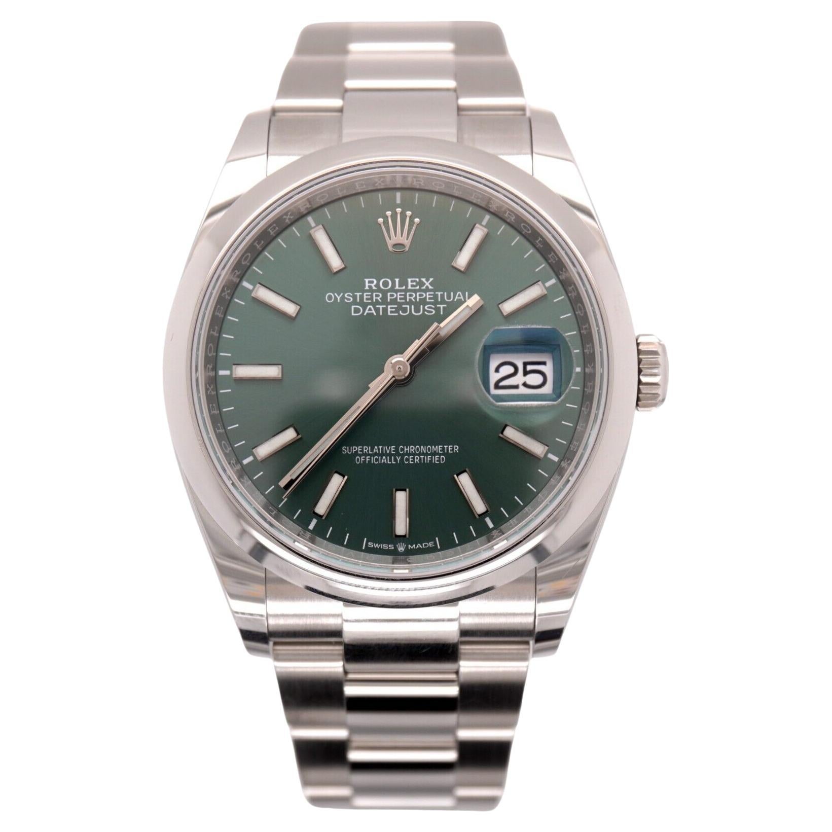 Rolex Datejust 36mm Stainless Steel Green Dial Smooth Oyster Watch Ref: 126200 For Sale