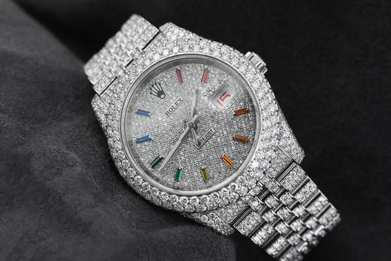 Rolex Datejust 36mm Stainless Steel Rainbow Index Pave Diamond Dial Fully Iced Out Watch Jubilee Band 116234

This watch comes with a LIFETIME diamond replacement warranty. We are so confident in our diamonds setters that if any of the individual