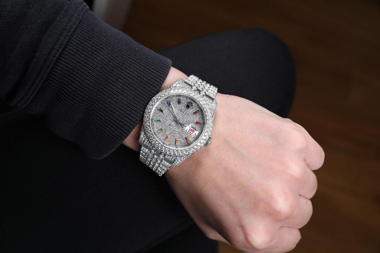 Women's or Men's Rolex Datejust Stainless Steel Rainbow Index Pave Diamond Dial Fully Iced For Sale