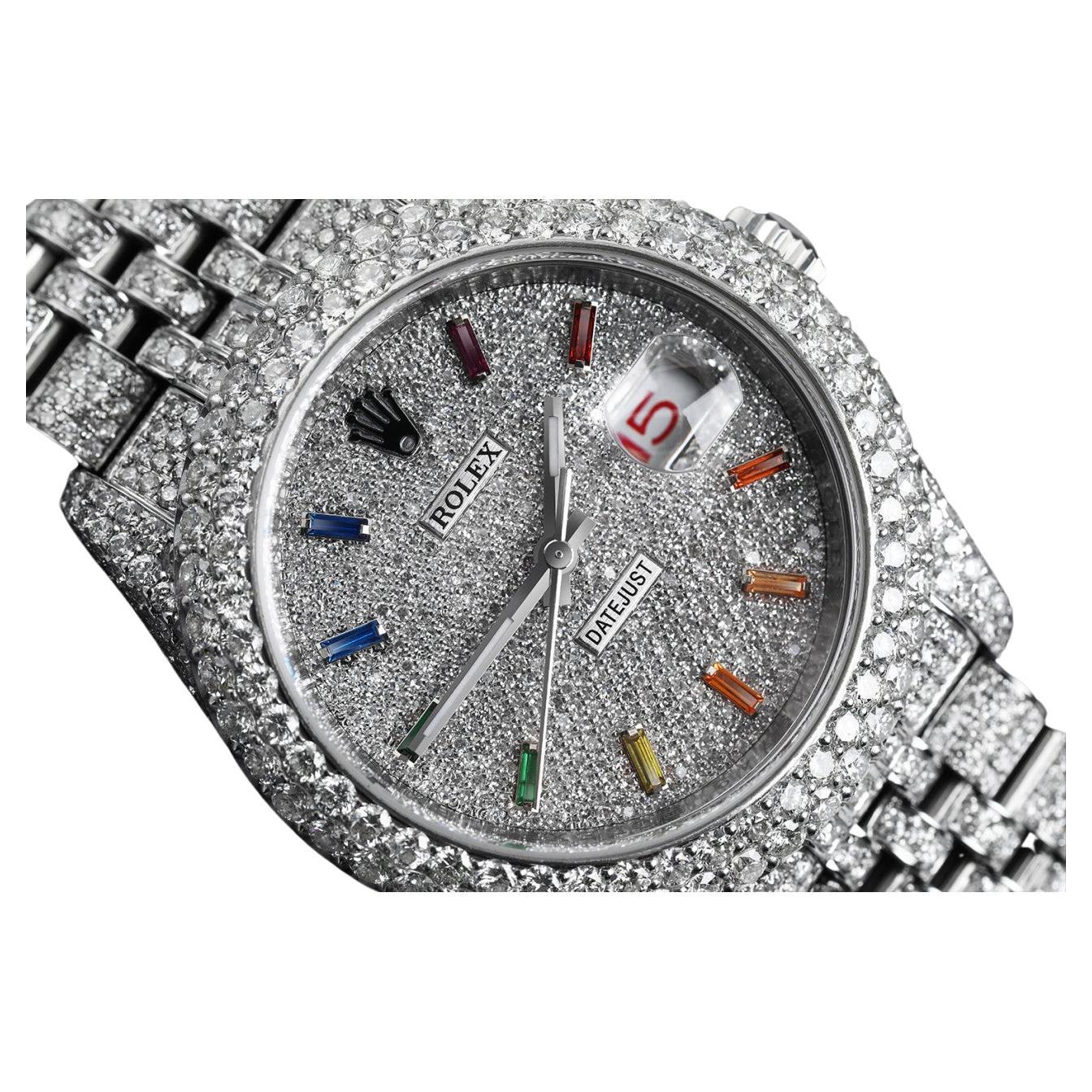 Rolex Datejust Stainless Steel Rainbow Index Pave Diamond Dial Fully Iced  For Sale at 1stDibs