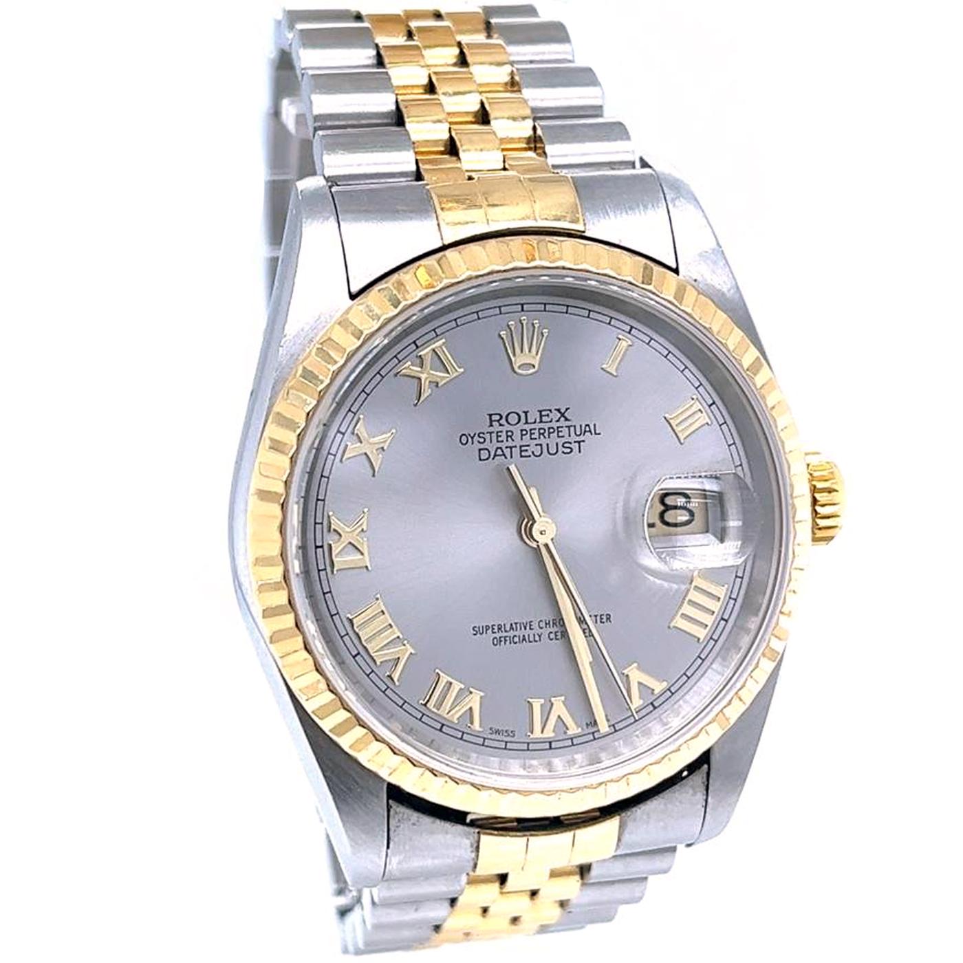Rolex Datejust Stainless Steel Silver Roman Dial Fluted Bezel Watch 16233 In Good Condition In Aventura, FL