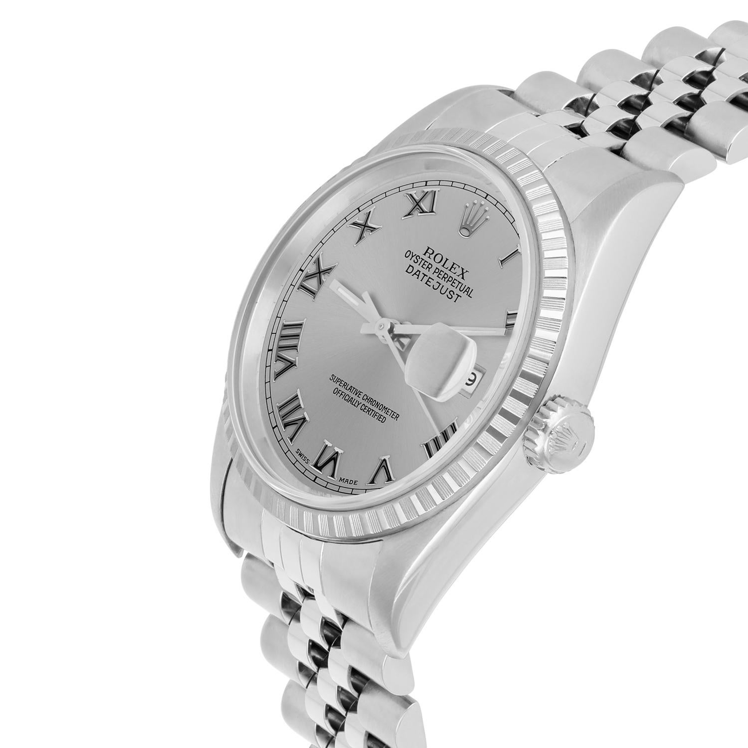 Rolex Datejust 36mm Stainless Steel Watch Silver Roman Dial 16220 Circa 1997 Unisexe en vente