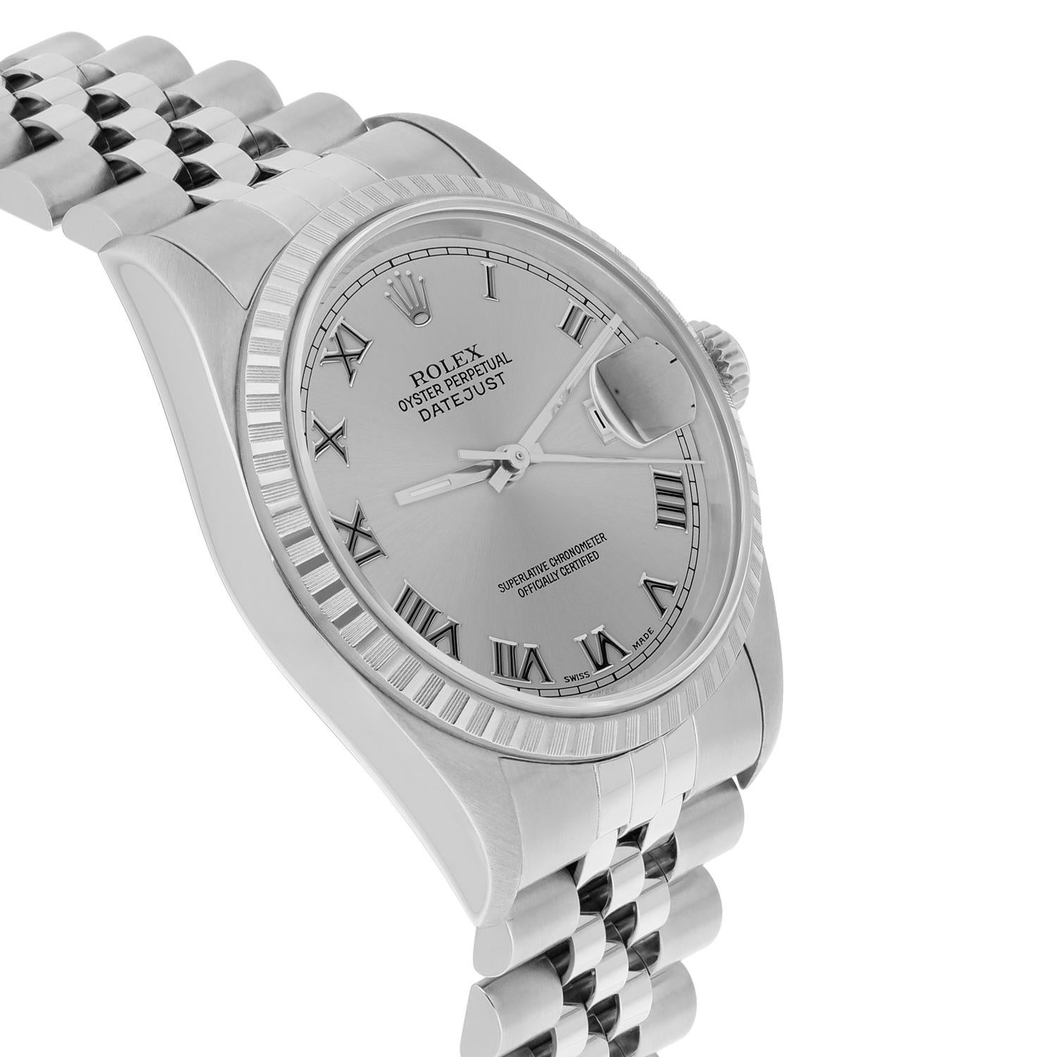 Rolex Datejust 36mm Stainless Steel Watch Silver Roman Dial 16220 Circa 1997 en vente 1