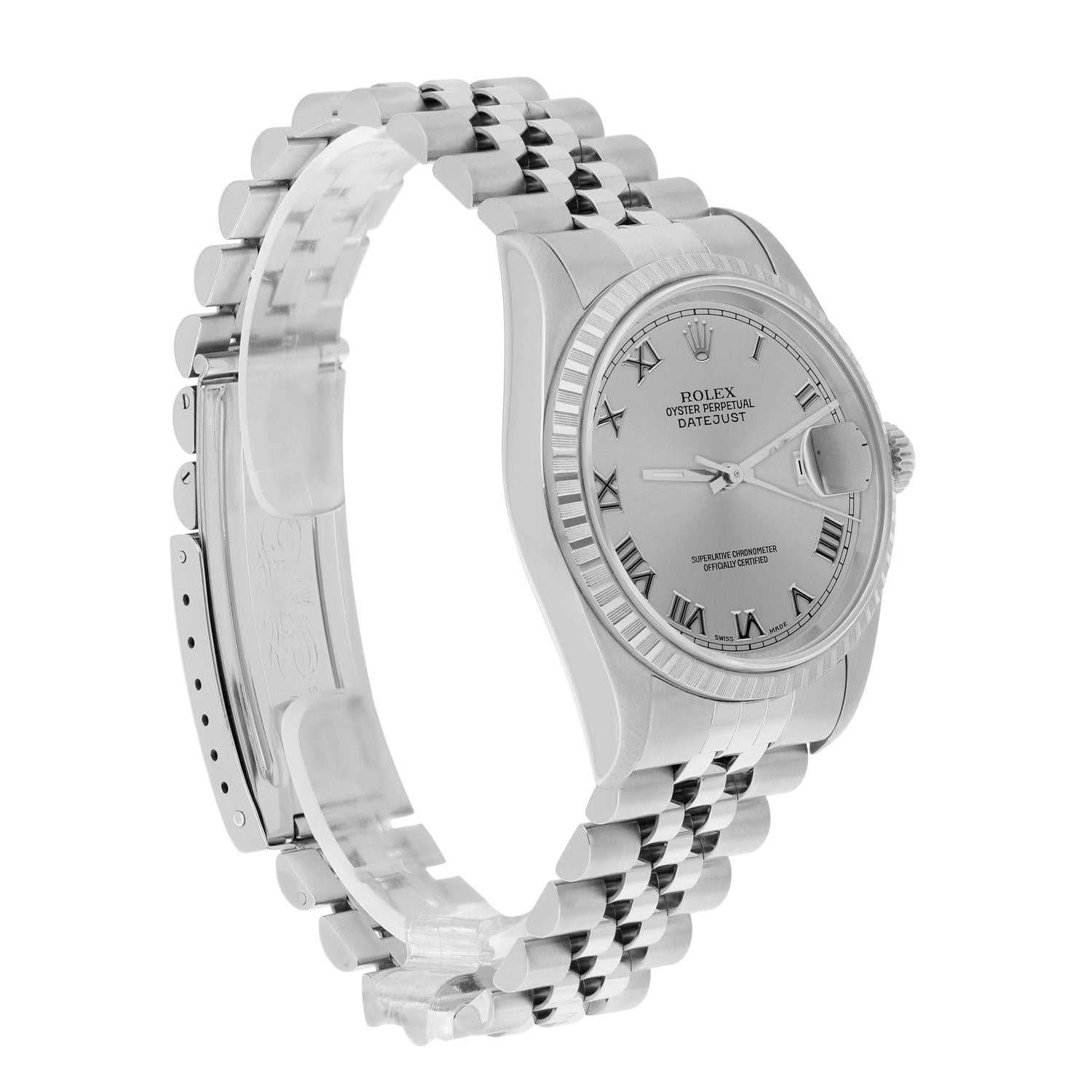 Rolex Datejust 36mm Stainless Steel Watch Silver Roman Dial 16220 Circa 1997 en vente 2