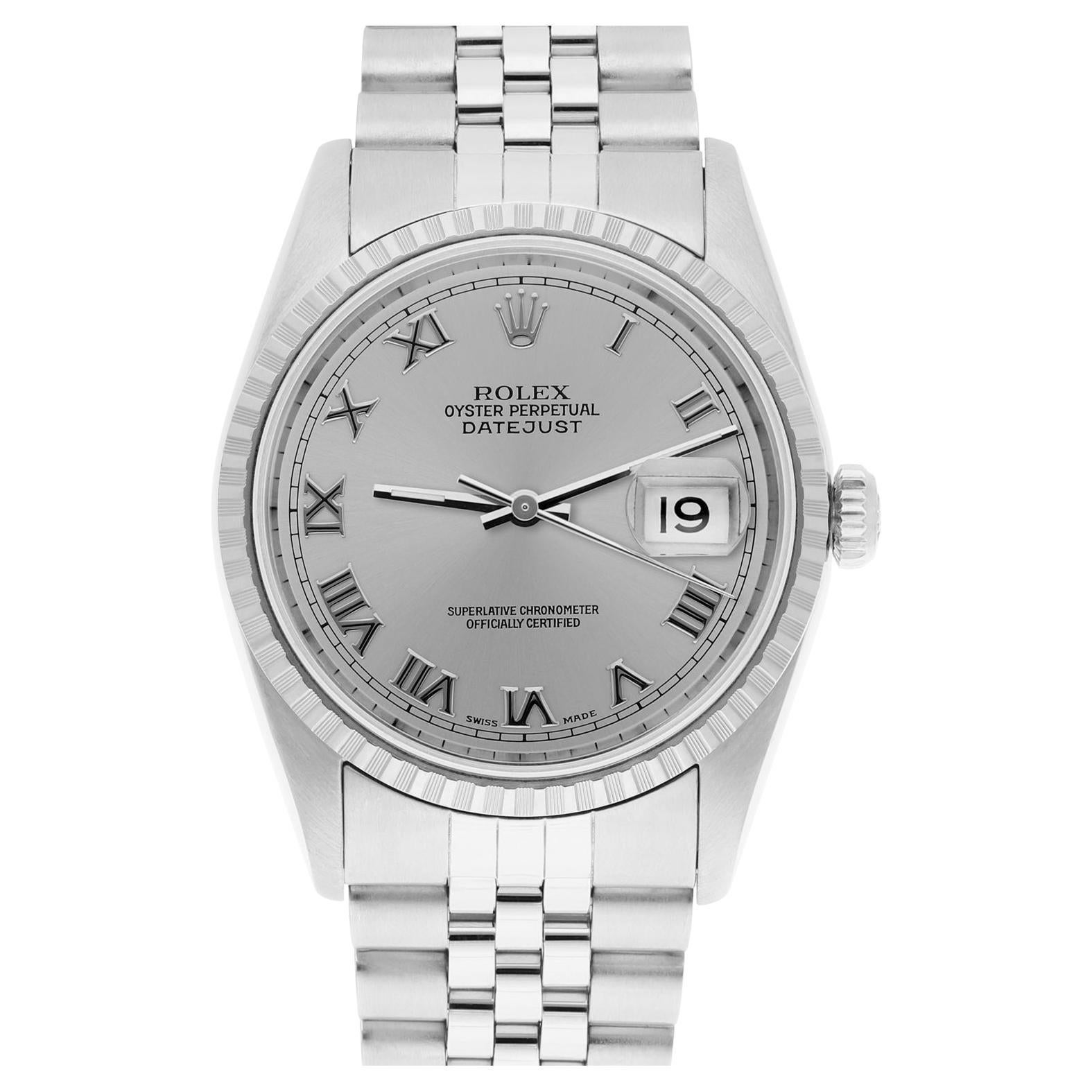 Rolex Datejust 36mm Stainless Steel Watch Silver Roman Dial 16220 Circa 1997 For Sale