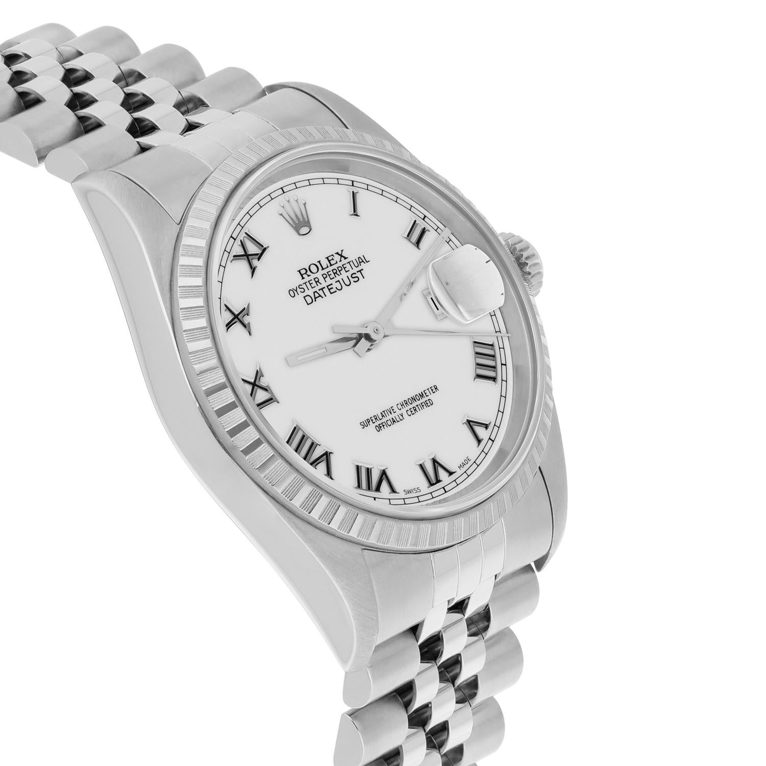 Women's or Men's Rolex Datejust 36mm Stainless Steel Watch White Roman Dial 16220 Circa 2000 For Sale