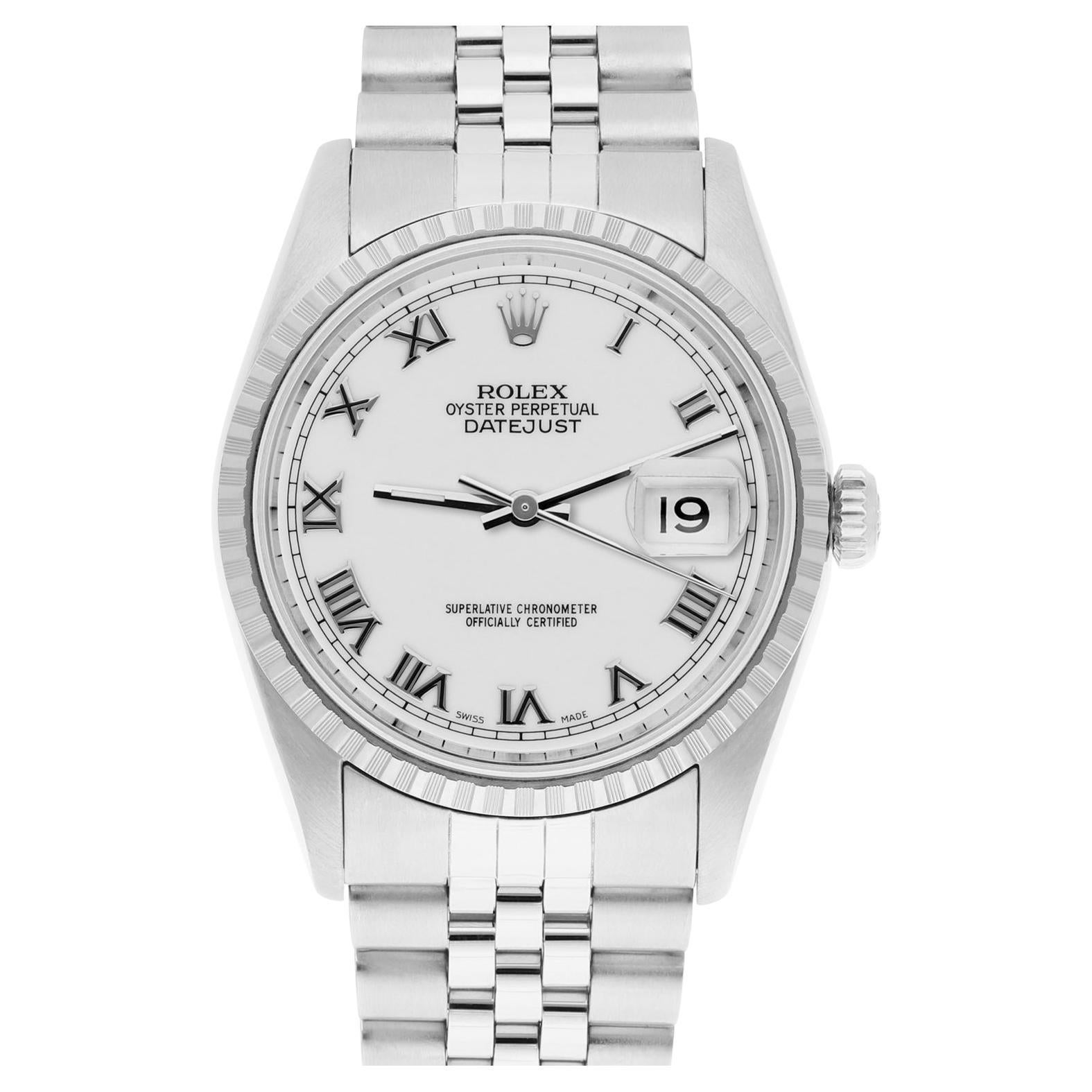 Rolex Datejust 36mm Stainless Steel Watch White Roman Dial 16220 Circa 2000 For Sale