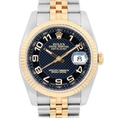 Rolex Datejust 36mm Steel 18K Gold Blue Diagonal Motif Arabic Dial Watch 116233