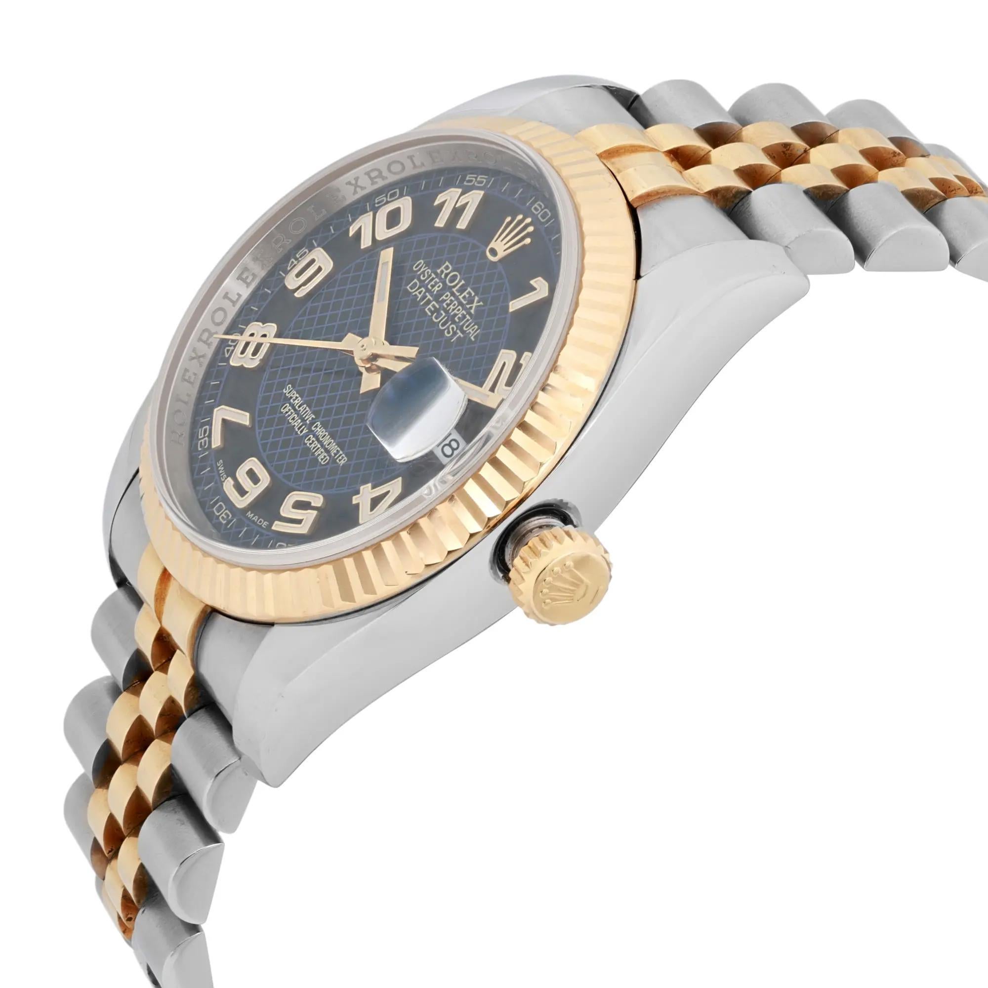 Rolex Datejust 36mm Acero Oro 18K Azul Motivo Diagonal Esfera Árabe Reloj 116233 en Excelente estado para la venta en New York, NY