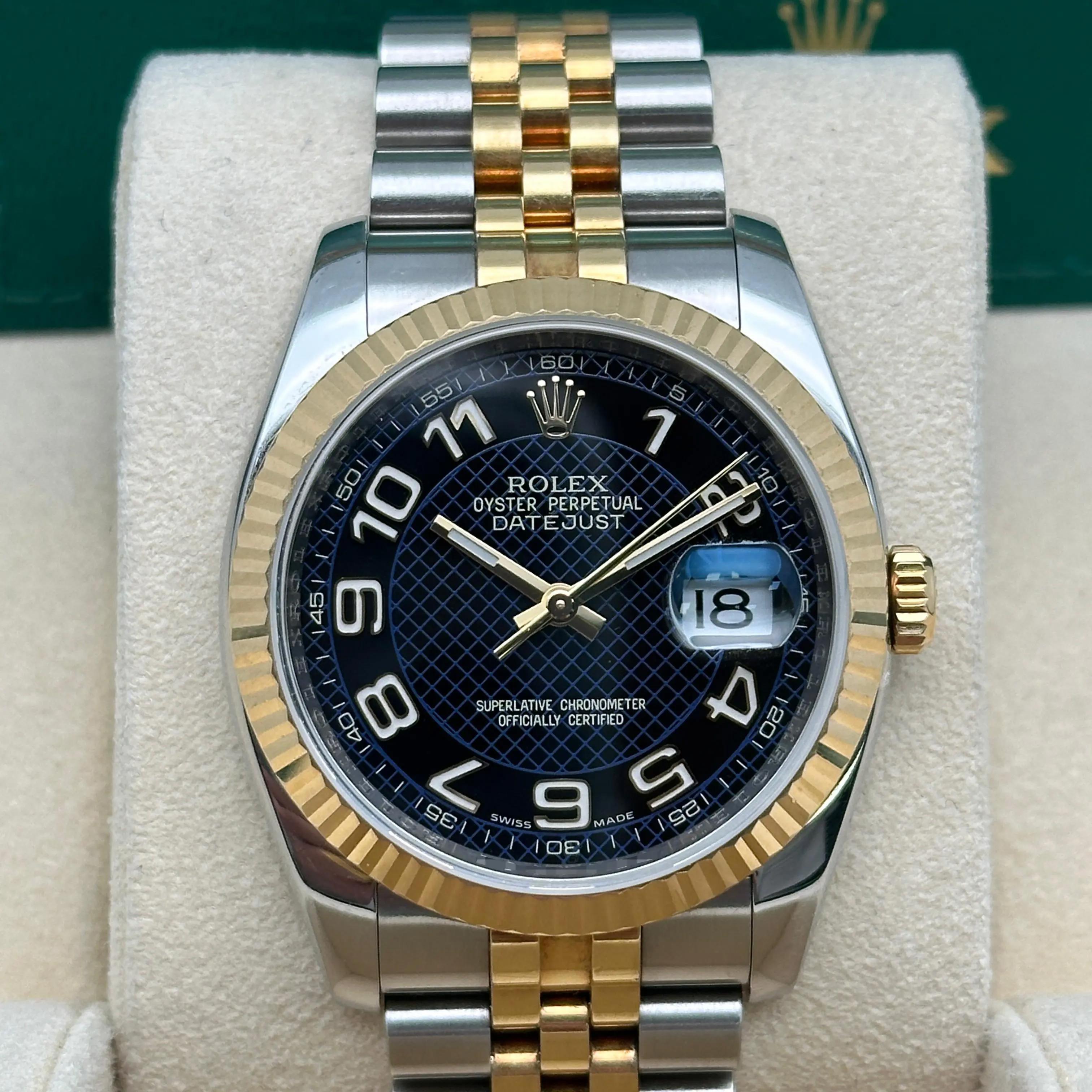 Rolex Datejust 36mm Acero Oro 18K Azul Motivo Diagonal Esfera Árabe Reloj 116233 en venta 3