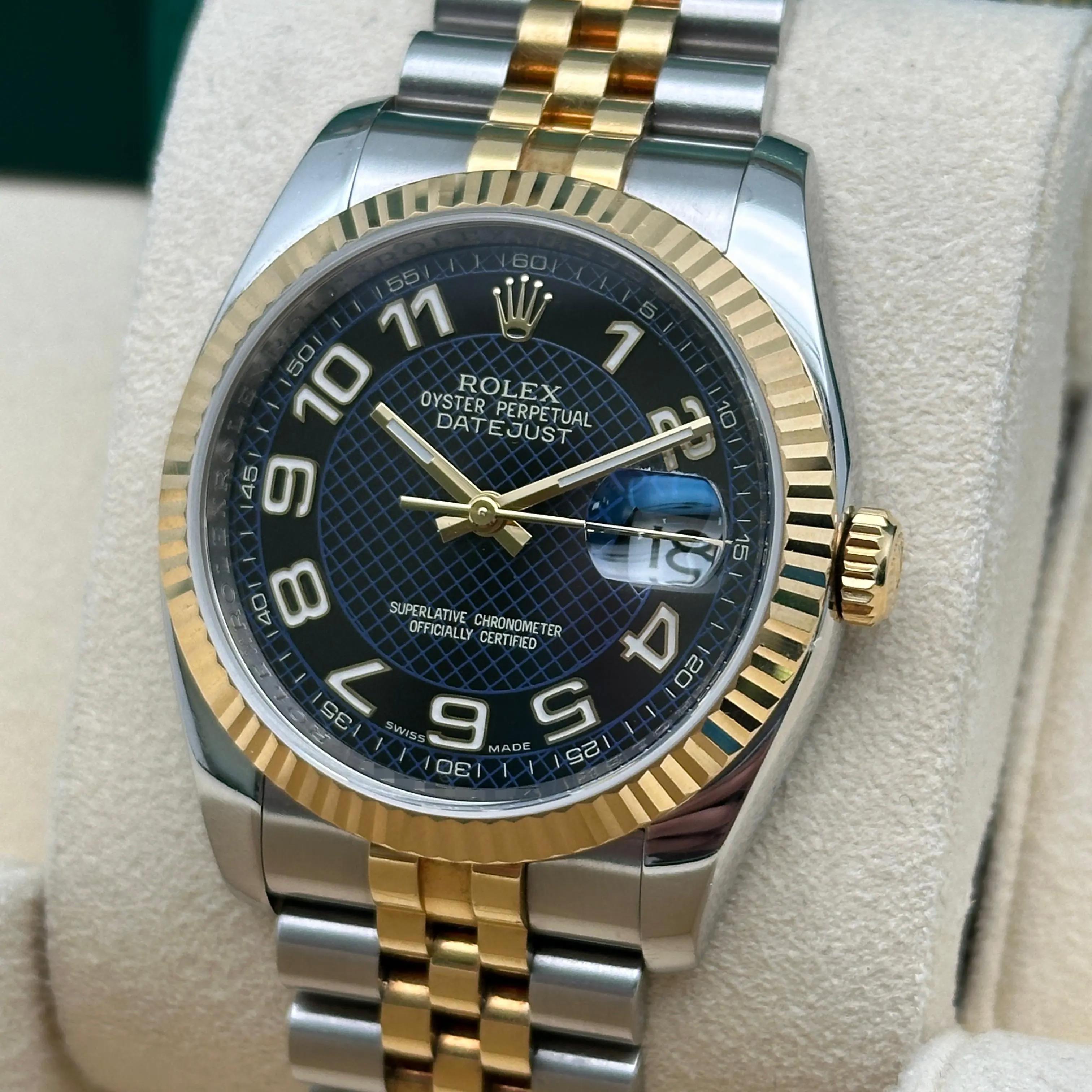 Rolex Datejust 36mm Acero Oro 18K Azul Motivo Diagonal Esfera Árabe Reloj 116233 en venta 4