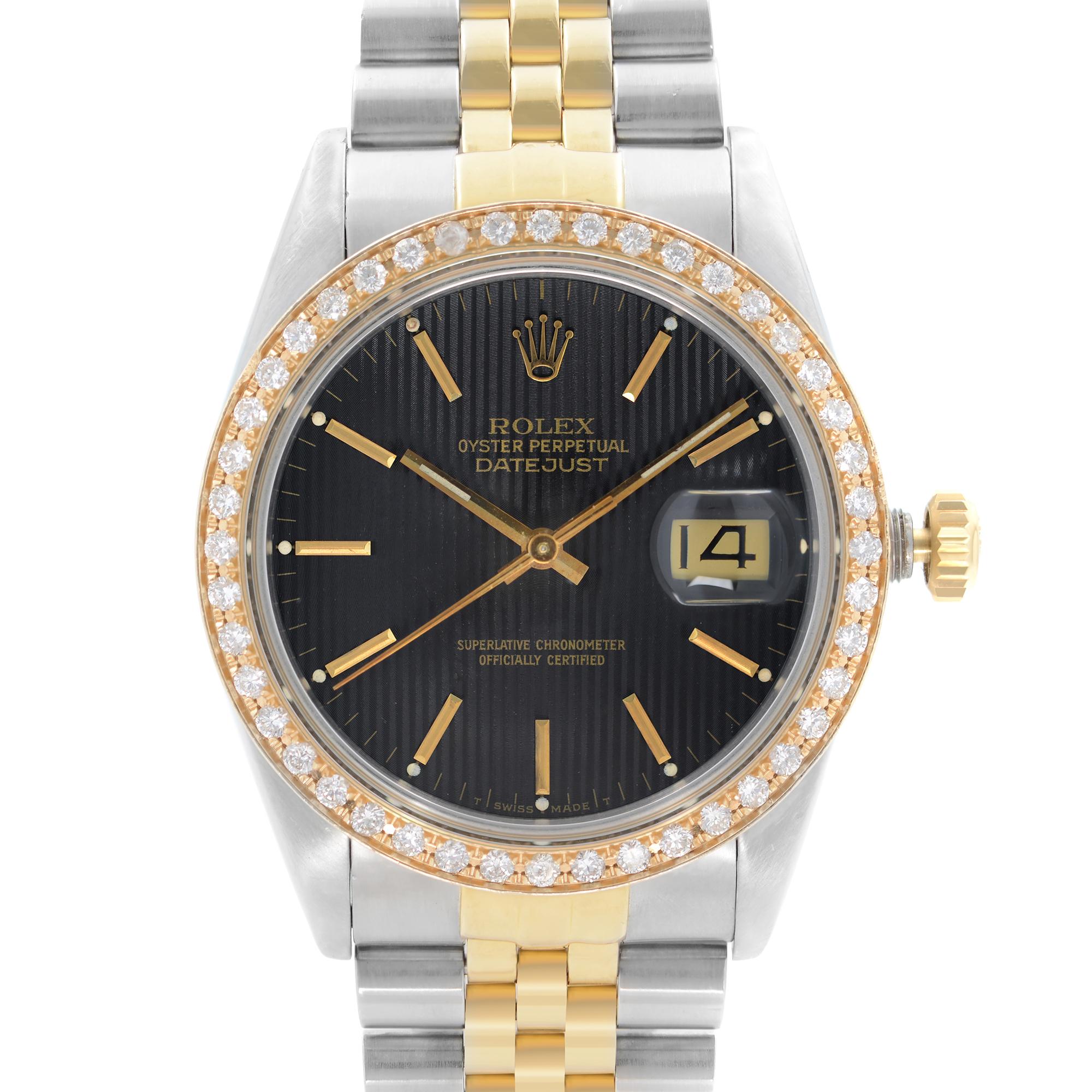 Pre Owned Rolex Datejust 36mm Steel 18k Gold Custom Bezel Black Dial Mens Watch 16030 .This timepiece Features: Stainless Steel Case, a Two-Tone (18k Yellow Gold & Steel) Jubilee bracelets. After Market 18k Gold Bezel Imbedded with 1-carat Diamonds,