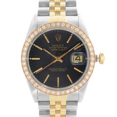 Rolex Datejust Steel 18k Gold Custom Bezel Black Dial Men's Watch 16030