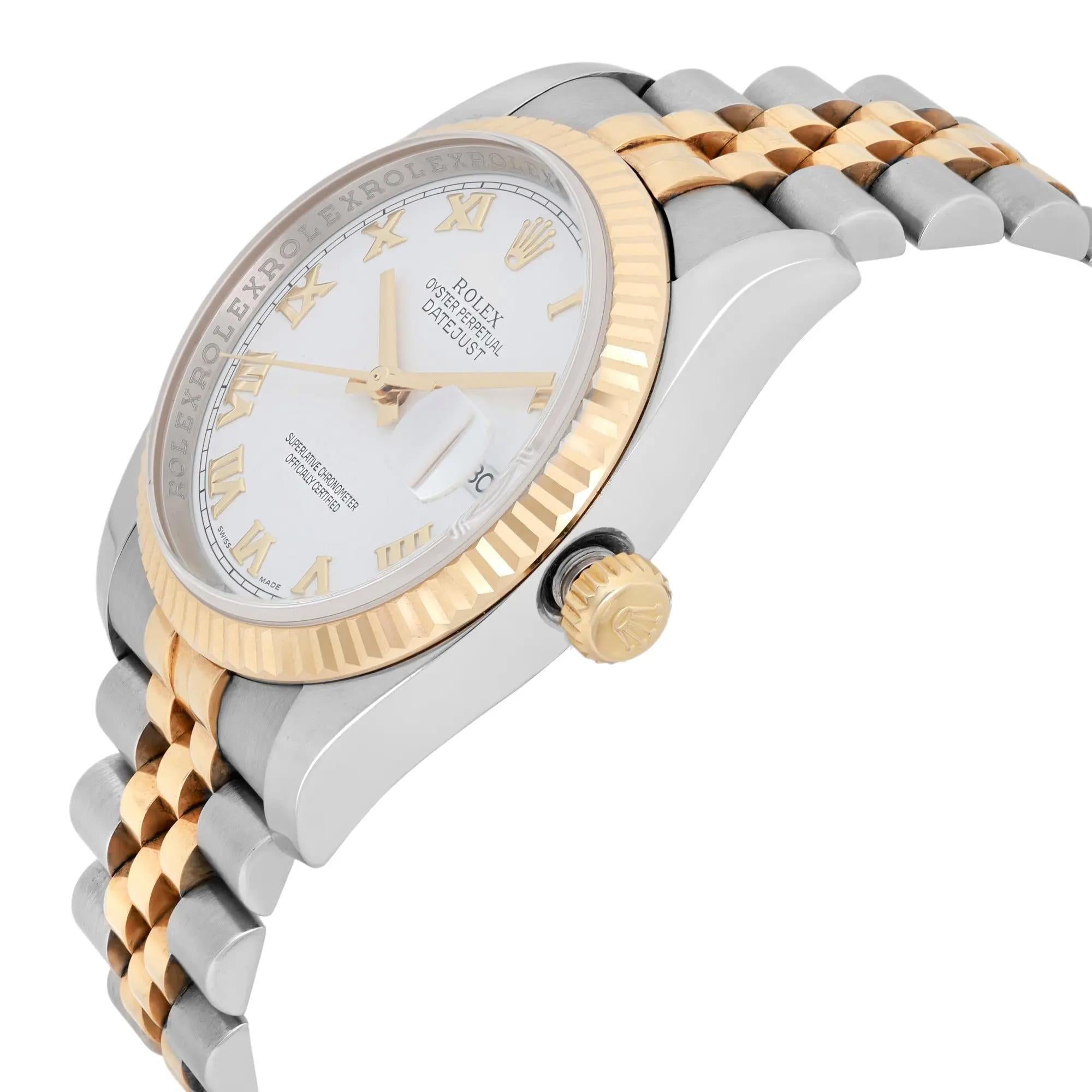 Rolex Datejust 36mm Stahl 18K Gold weißes römisches Zifferblatt automatische Herrenuhr 116233 im Zustand „Gut“ im Angebot in New York, NY