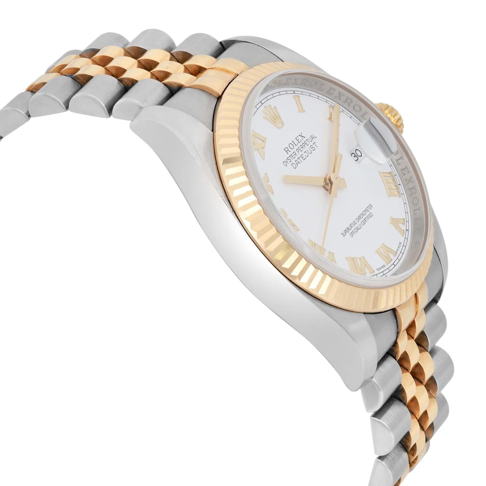 Rolex Datejust 36mm Stahl 18K Gold weißes römisches Zifferblatt automatische Herrenuhr 116233 für Damen oder Herren im Angebot