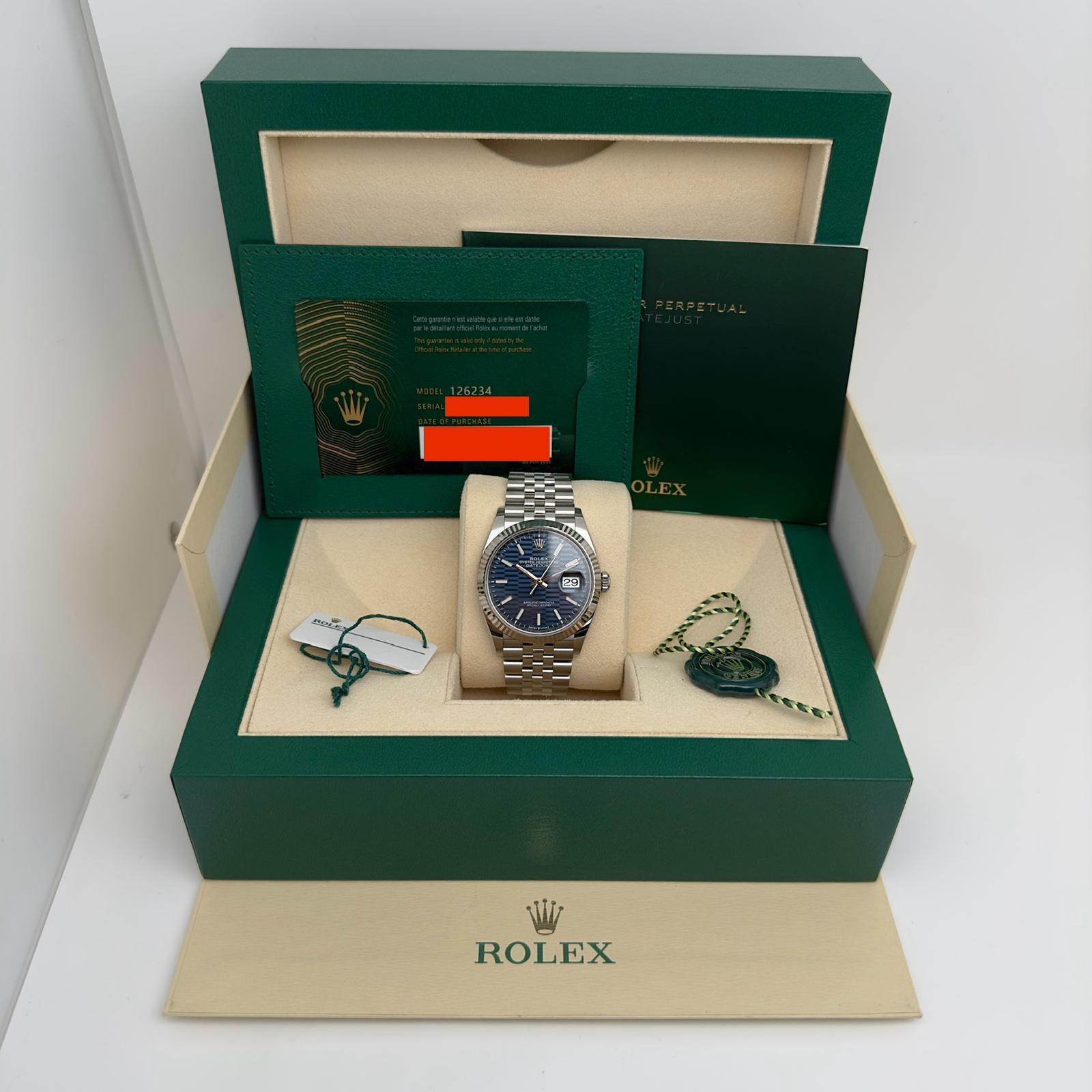 NEW Rolex Datejust 36mm Steel White Gold Blue Motif Dial Jubilee Watch 126234 For Sale 2